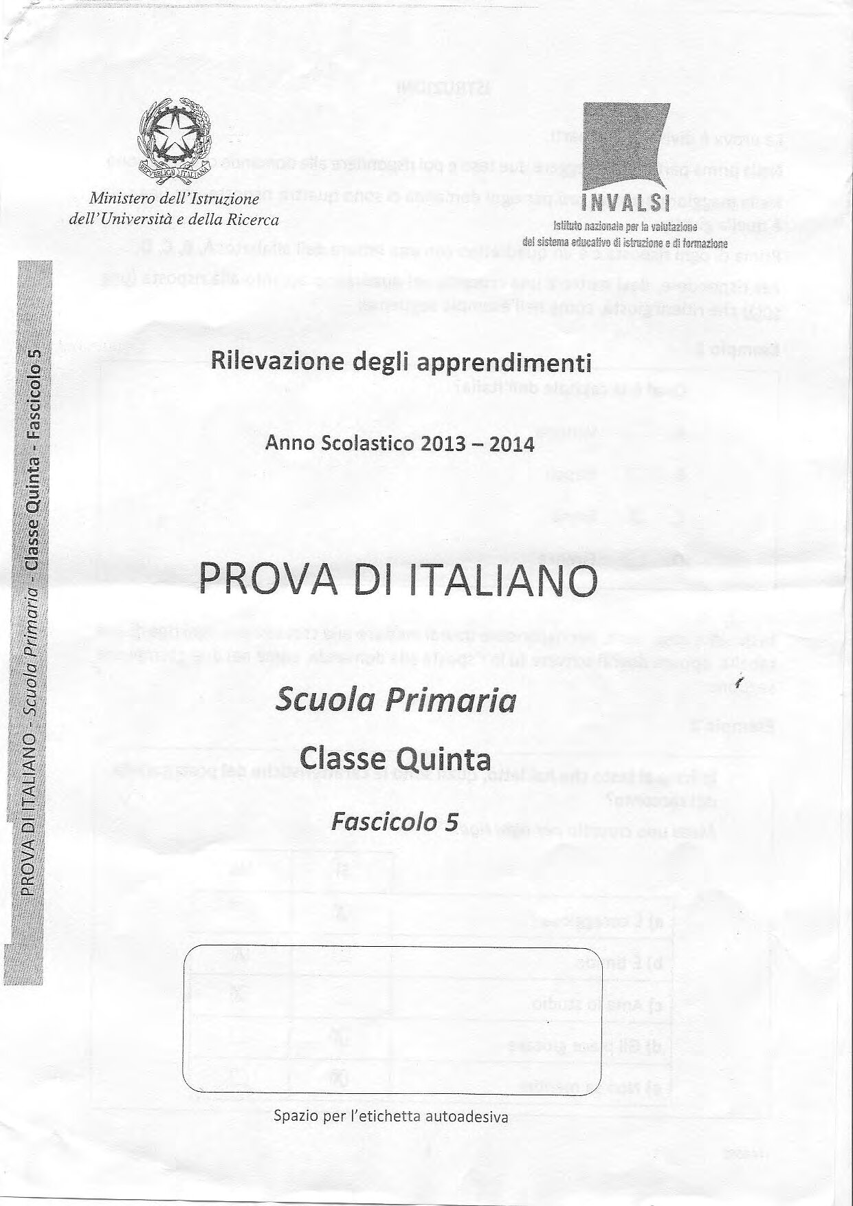 Prova INVALSI 2014 Italiano classe V