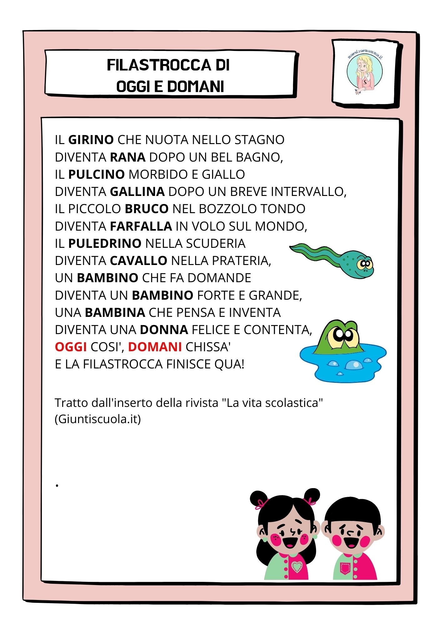 Scuola primaria: filastrocca di oggi e domani