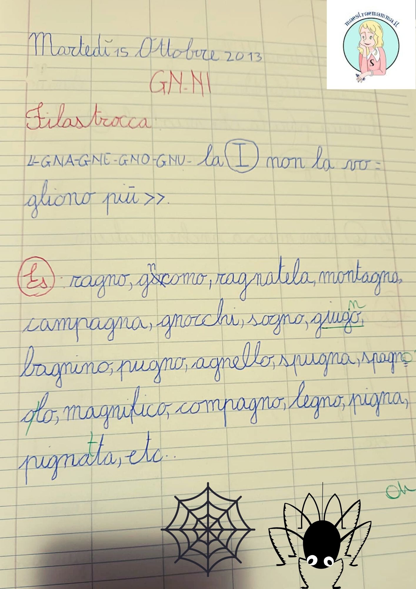 Dettato ortografico - GN con filastrocca e esempi