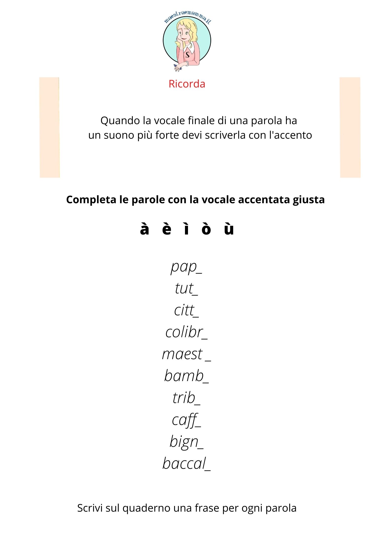 scuola primaria esercizio dettato accento scheda didattica accento
