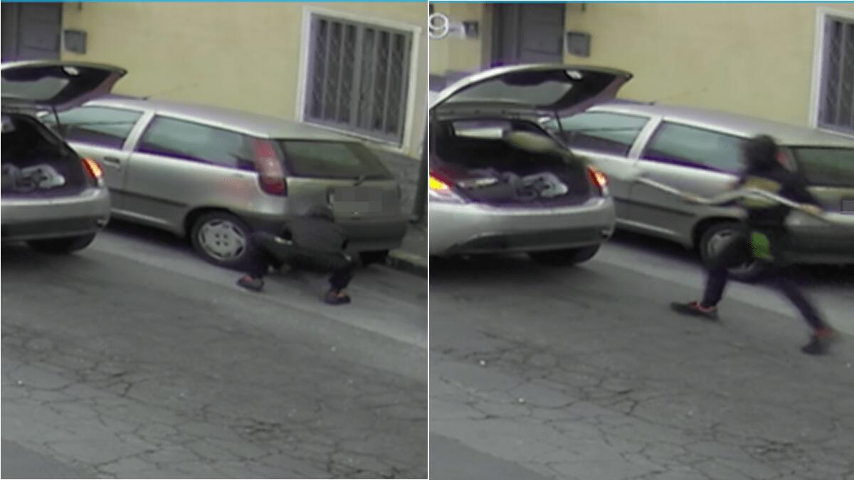 Ruba marmitta convinto vi sia del metallo prezioso all’interno, ripreso dalla telecamera dell’abitazione di un agente della Polizia - 