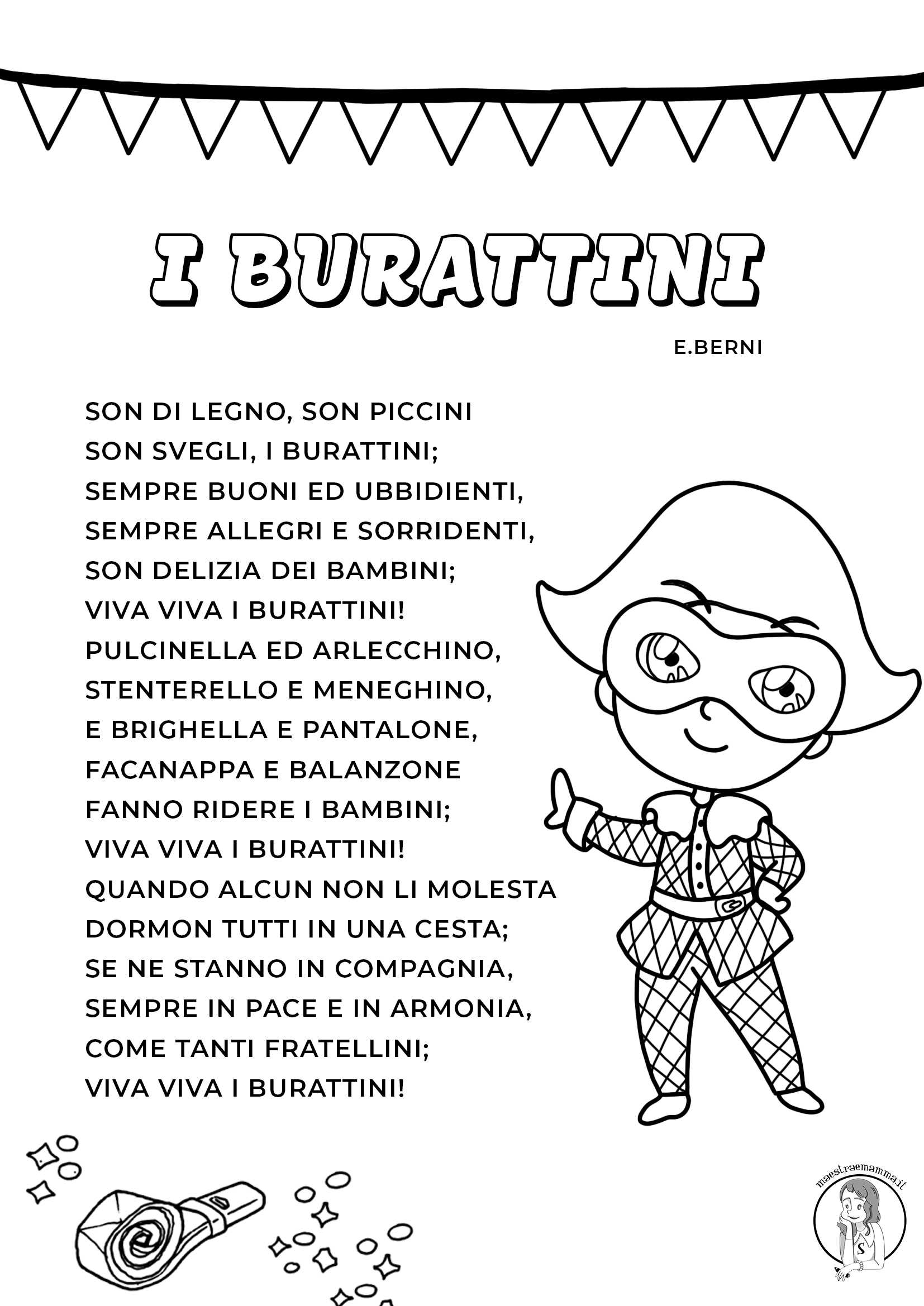 Filastrocca di Carnevale di E. Berni da stampare in bianco e nero o a colori.