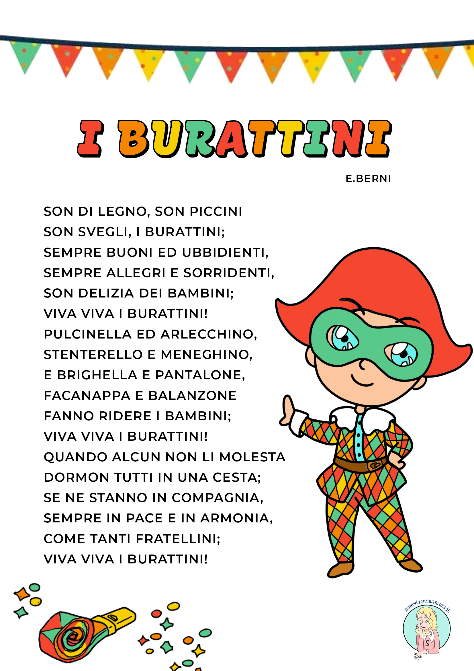Filastrocca di Carnevale di E. Berni da stampare in bianco e nero o a colori.