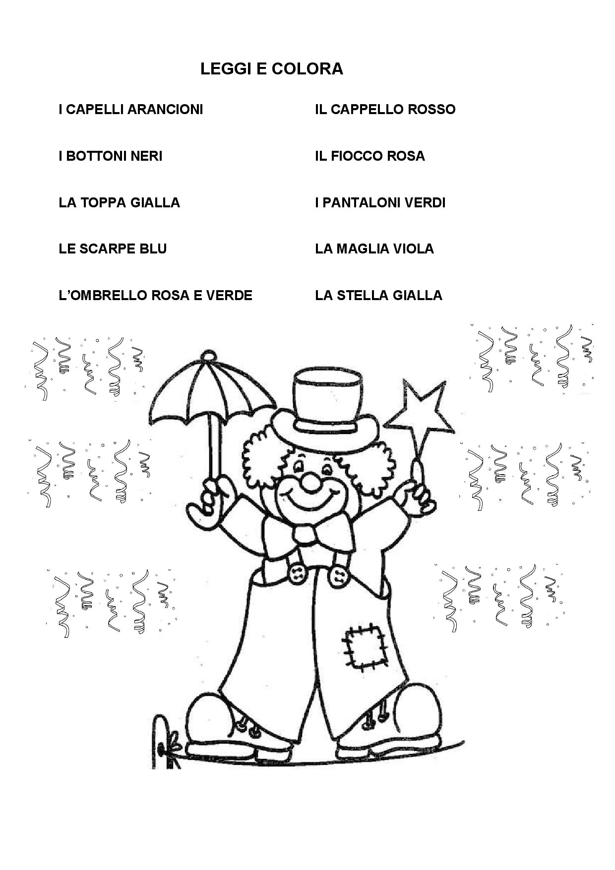 PDF da stampare - PAGLIACCIO LEGGI E COLORA 