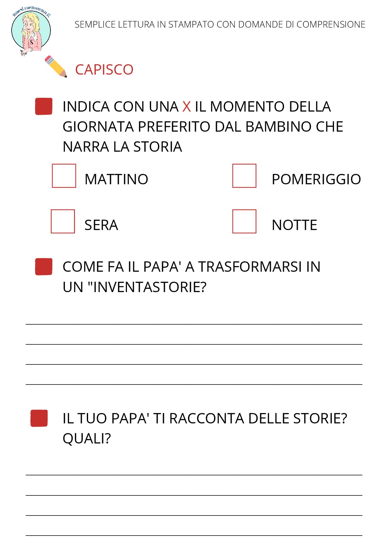 PDF domande lettura "Il mio papà è un inventastorie" in stampato maiuscolo 