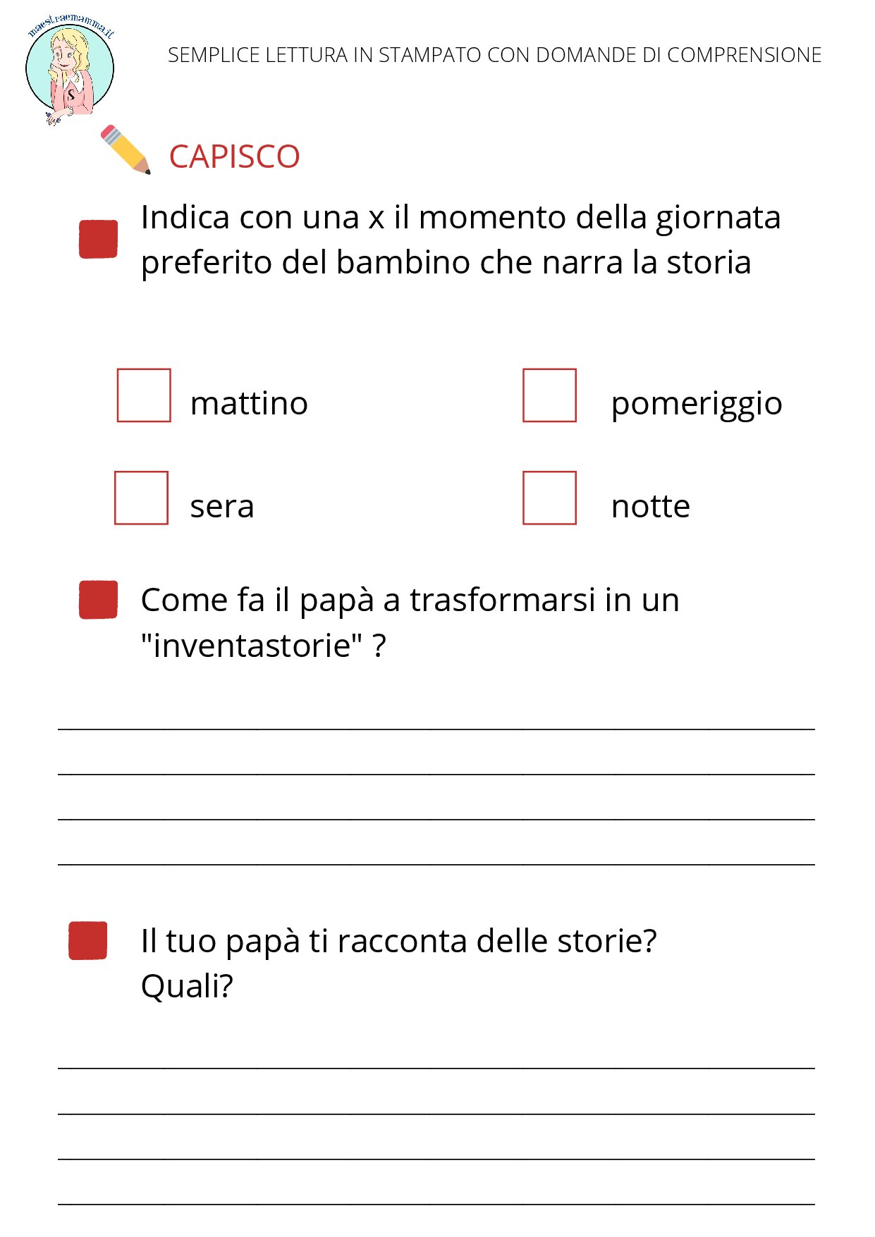 PDF domande lettura "Il mio papà è un inventastorie" in stampato minuscolo