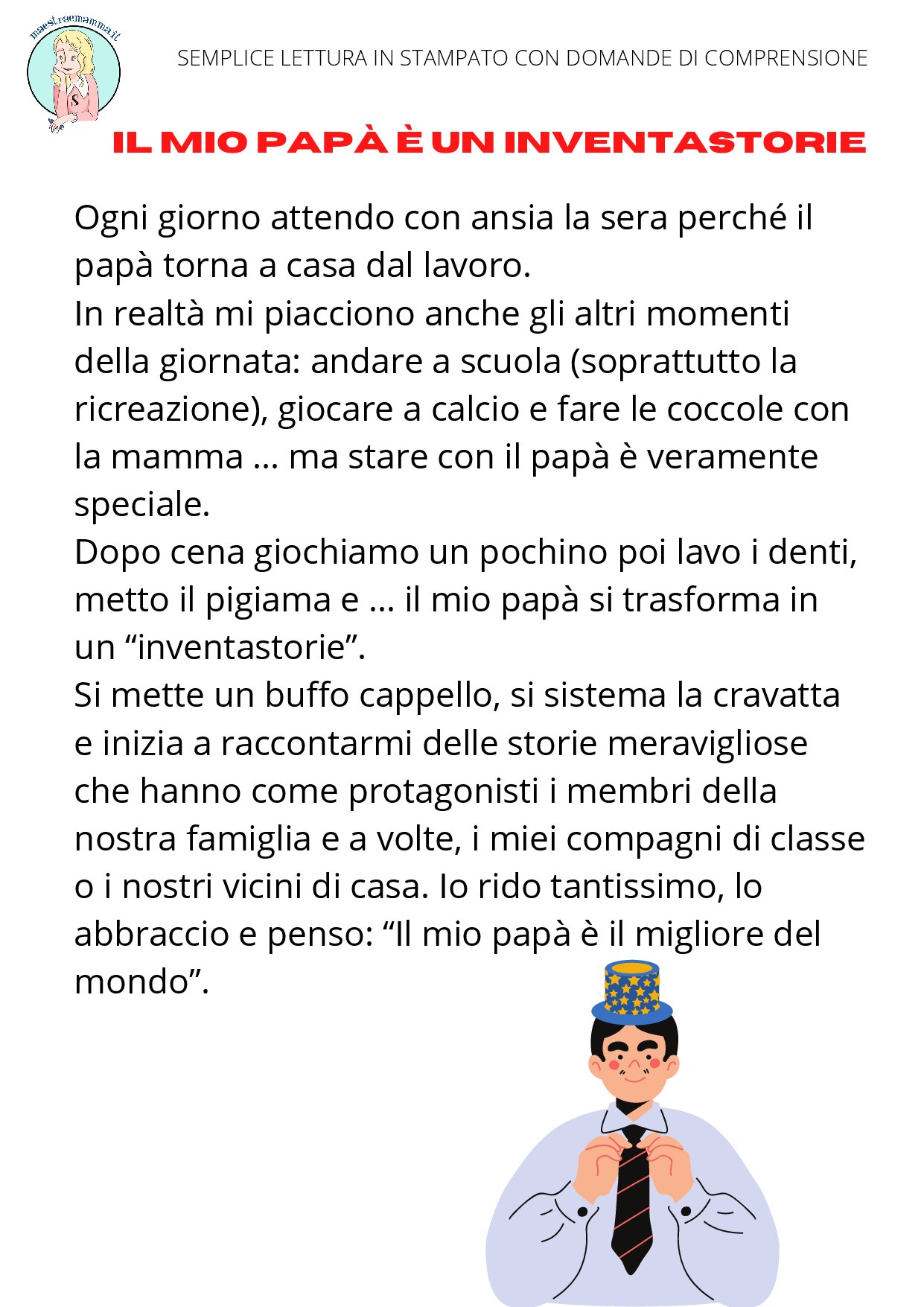 PDF lettura in stampato minuscolo "Il mio papà è un inventastorie" di Maestraemamma 