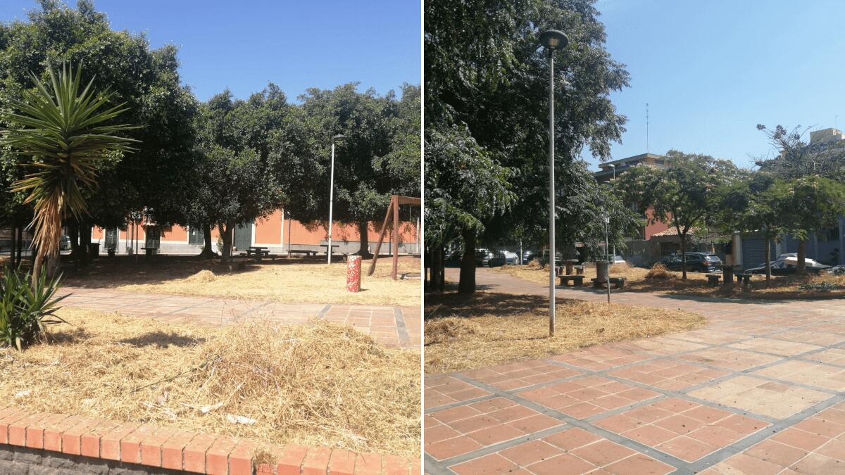Cibali: piccola riqualificazione per piazza Ignazio Roberto, eliminate erbacce infestanti ma rimangono diversi materiali - 