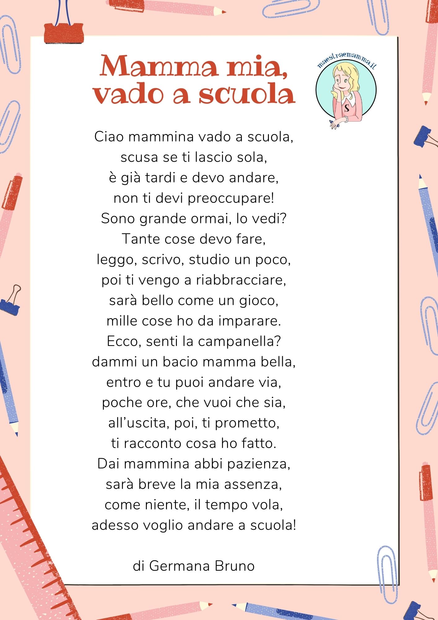 MAMMA MIA,VADO A SCUOLA poesia di Germana Bruno poesia accoglienza