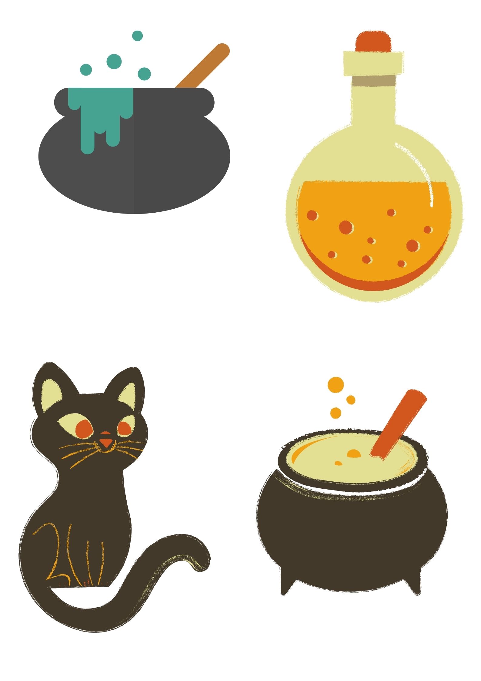 Sagome di disegni per bambini da stampare e ritagliare ad halloween: fantasma, zucca, cappello e gatto strega, casa dei fantasmi, Jack lanterna, pipistrello,  pentoloni e pozioni.
