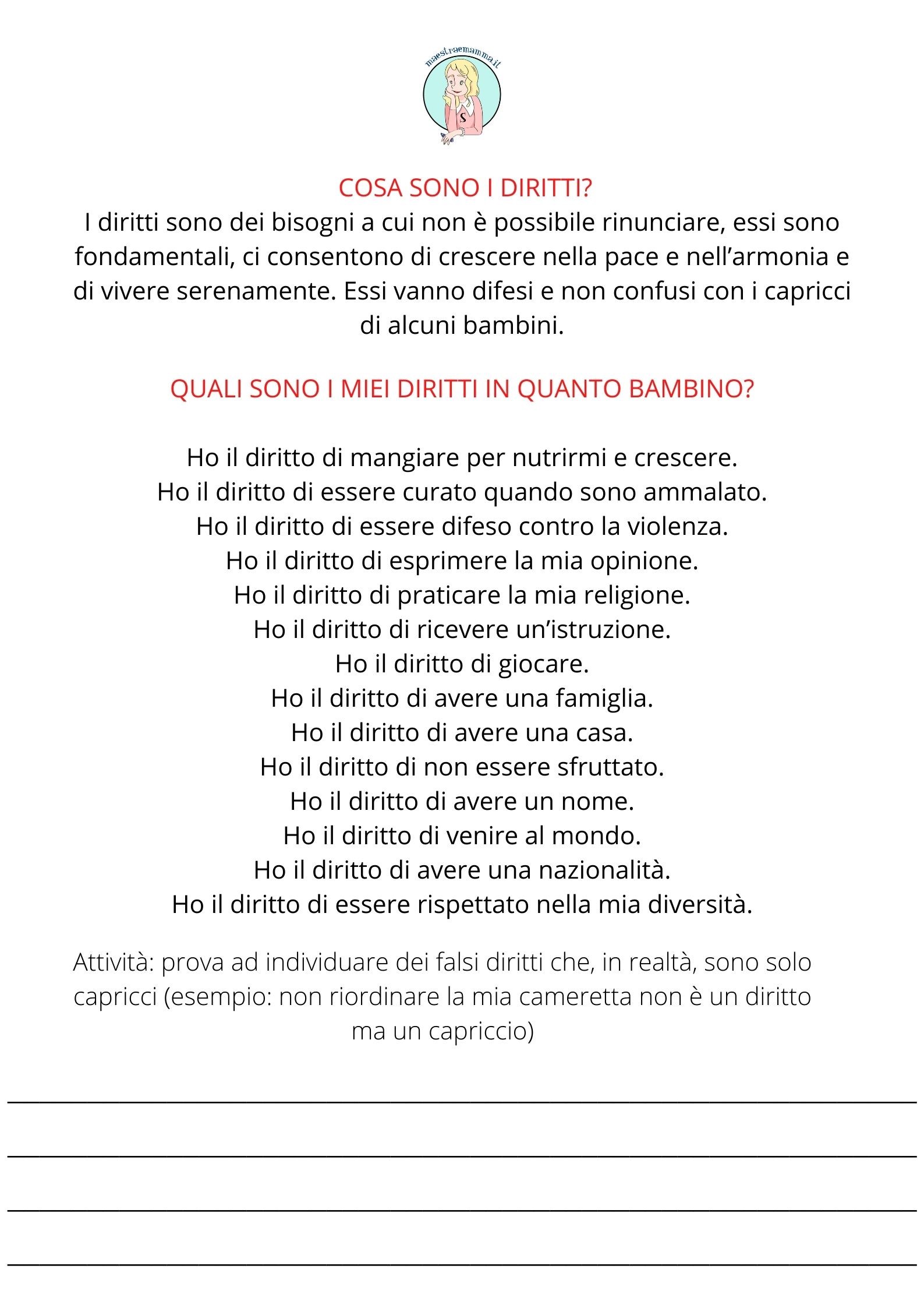 I Diritti dei Bambini: schede didattiche da scaricare 20 novembre – Giornata mondiale dei diritti dell’infanzia - attività didattica da svolgere in classe anche con gli alunni più piccoli