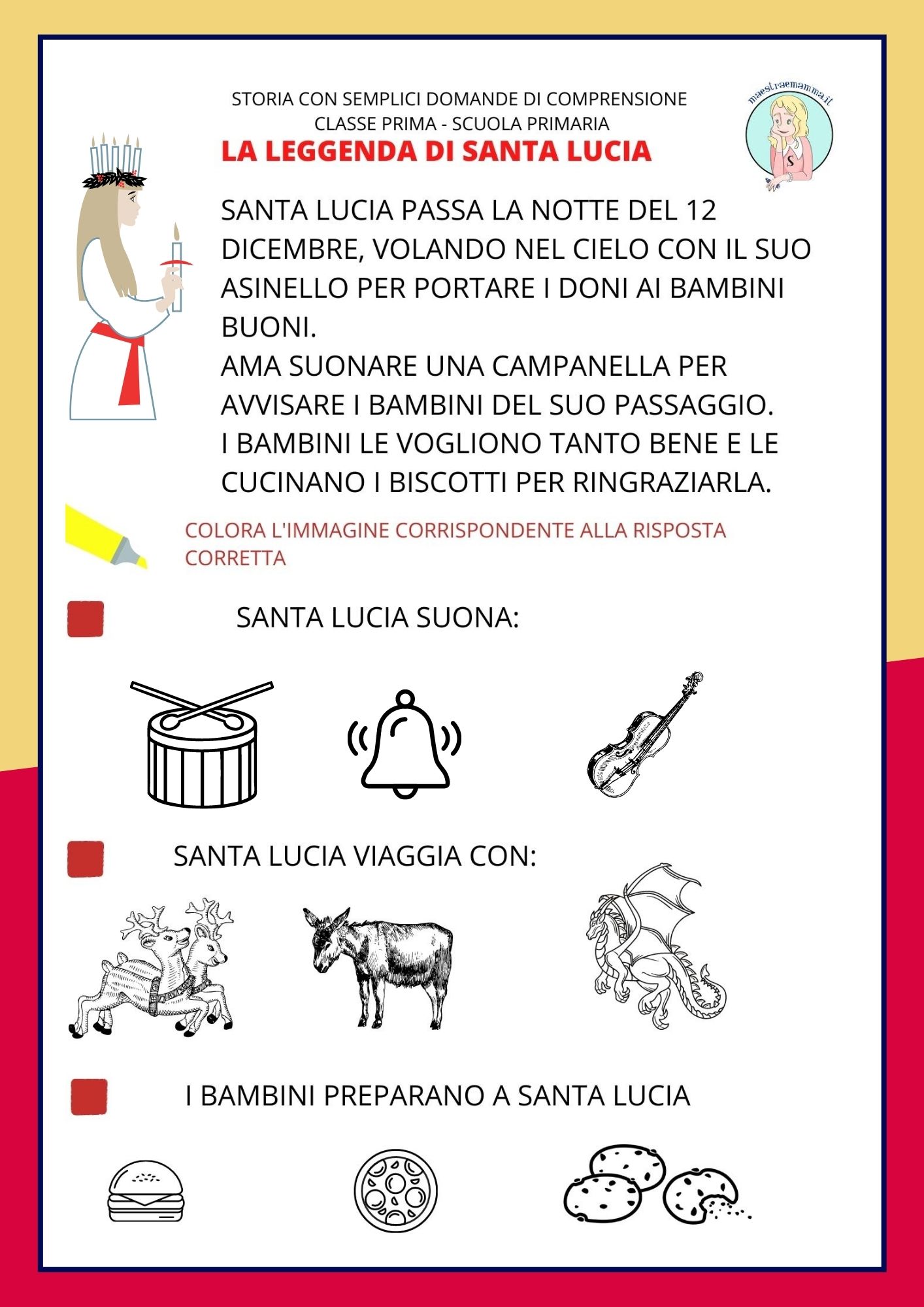leggenda di santa lucia scheda classe prima con domande di comprensione