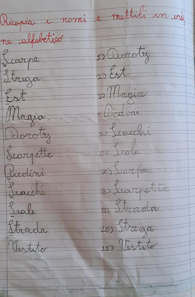 esempio di esercizio sul quaderno insegnare uso del vocabolario dizionario suoni duri sca sco scu alfabeto