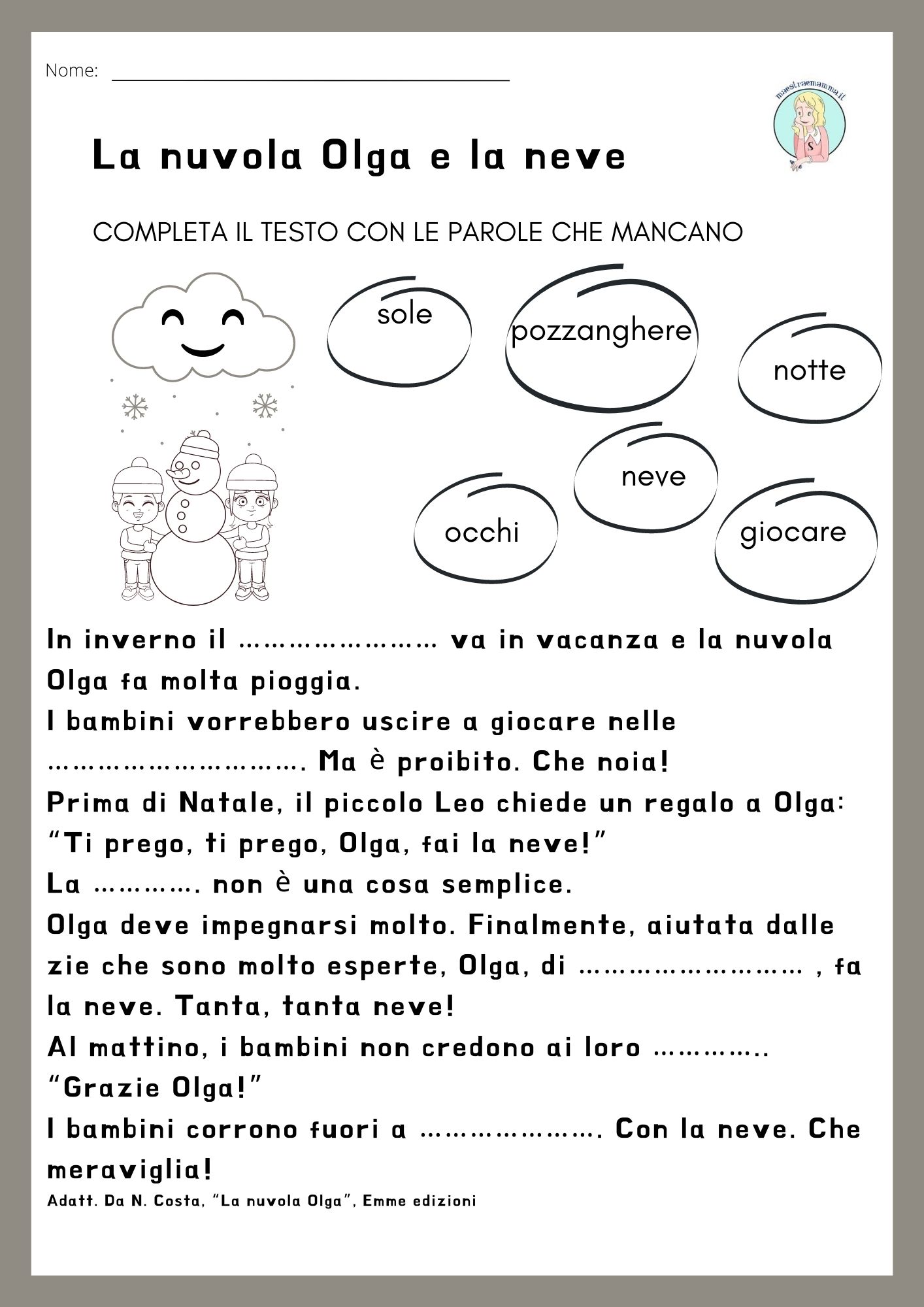 La nuvola Olga e la neve - classe II- scheda didattica