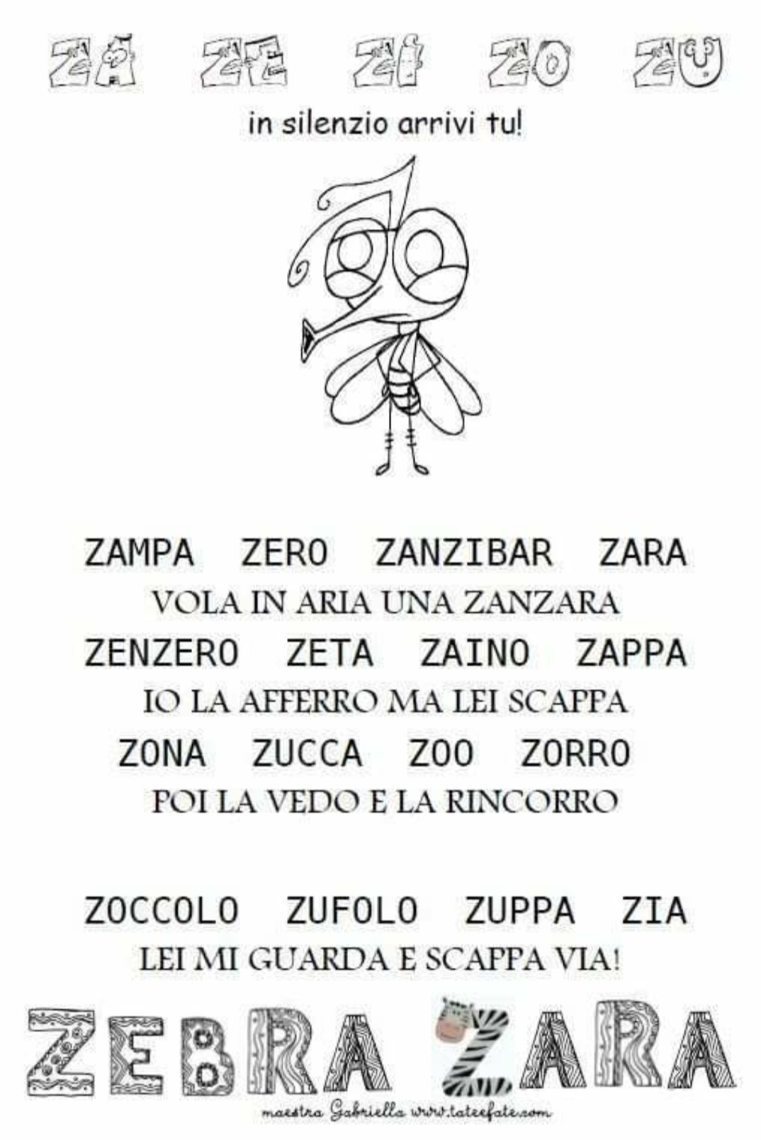 scheda didattica filastrocca lettera consonante Z za ze zi zo zu