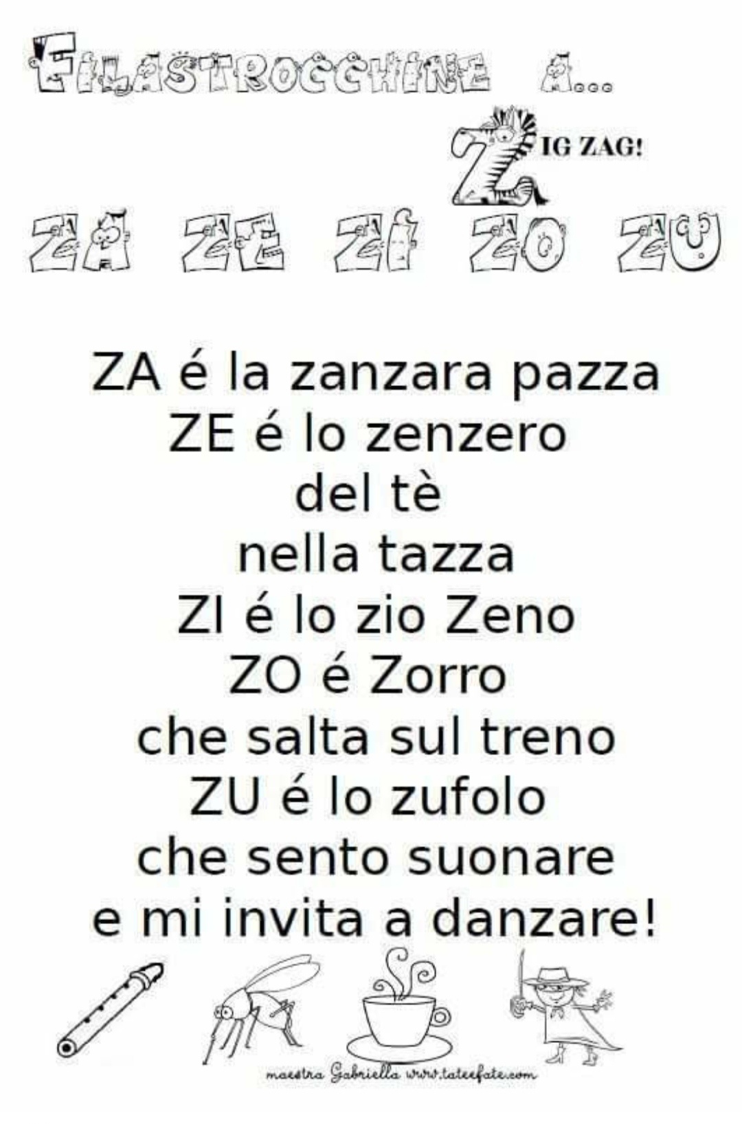 scheda didattica idee filastrocca filastrocche scuola consonanti lettere Z za ze zi zo zu scuola primaria classe prima