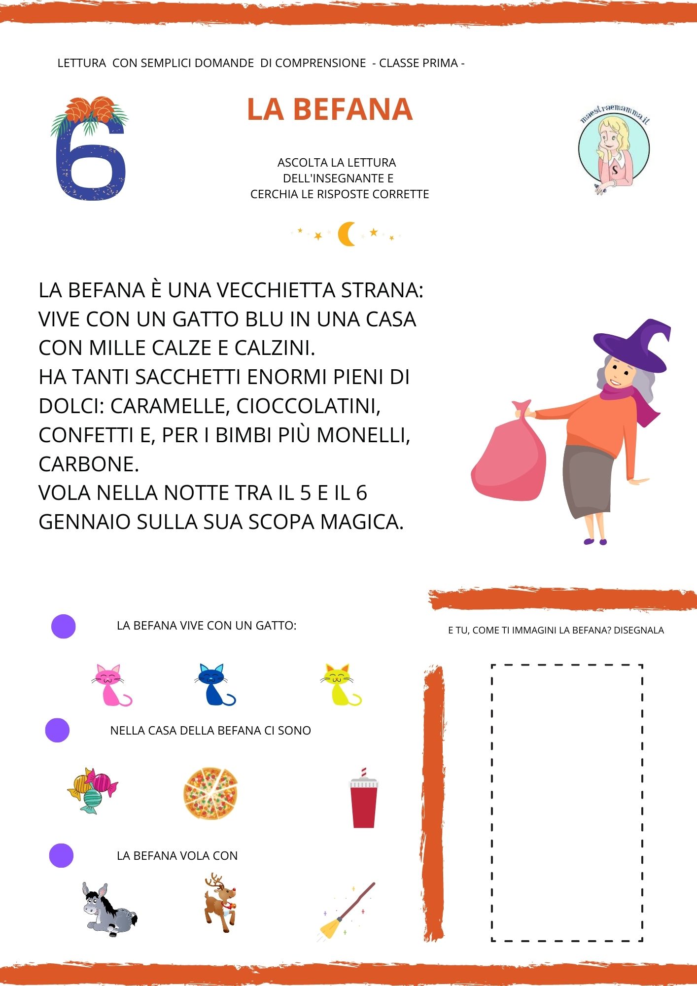 scheda didattica poesia filastrocca attività classe prima elementaria primaria befana testo domande di comprensione stampato lettura befana bambini