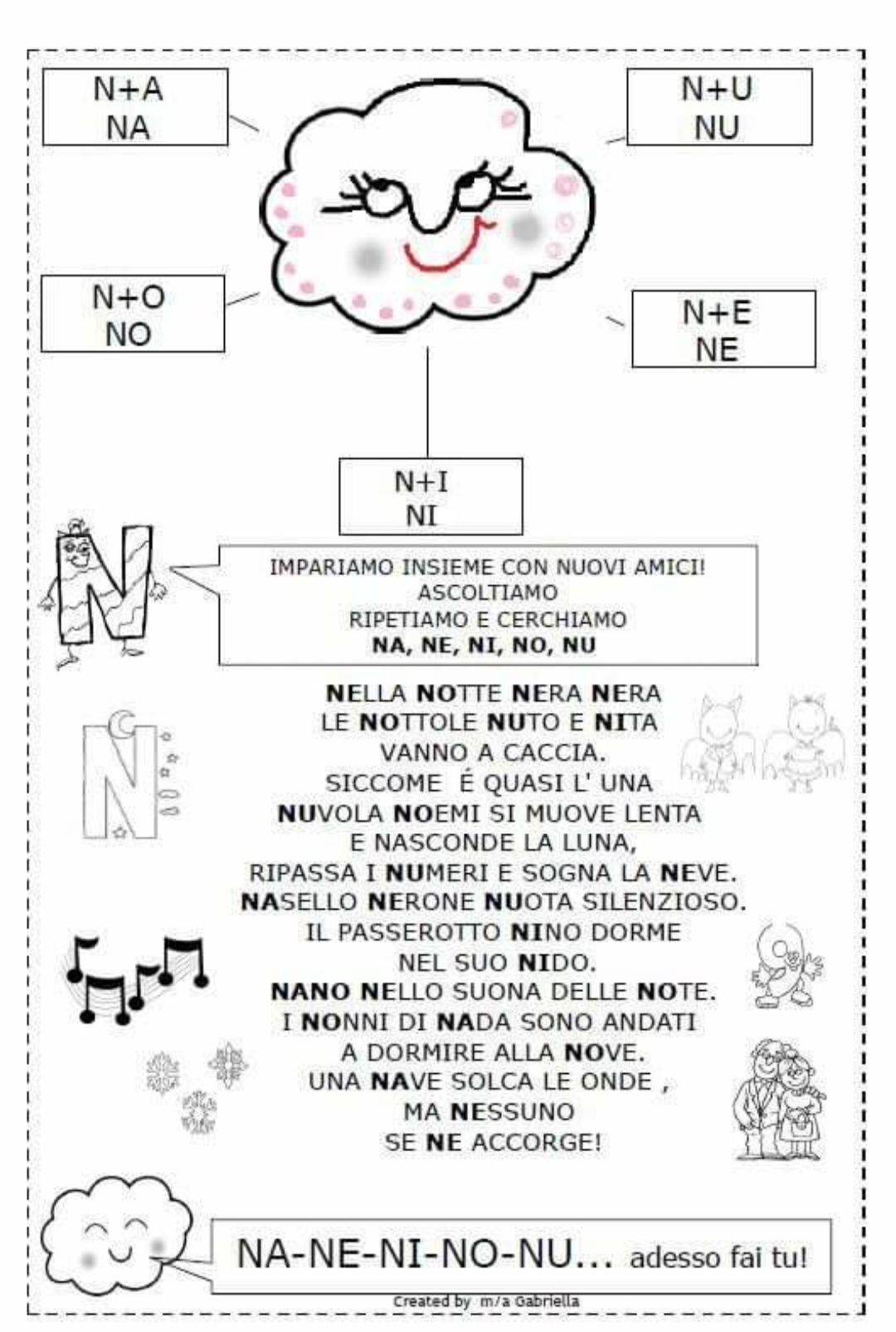 scheda didattica attività classe prima scuola primaria lettera consonante n na ne ni no nu