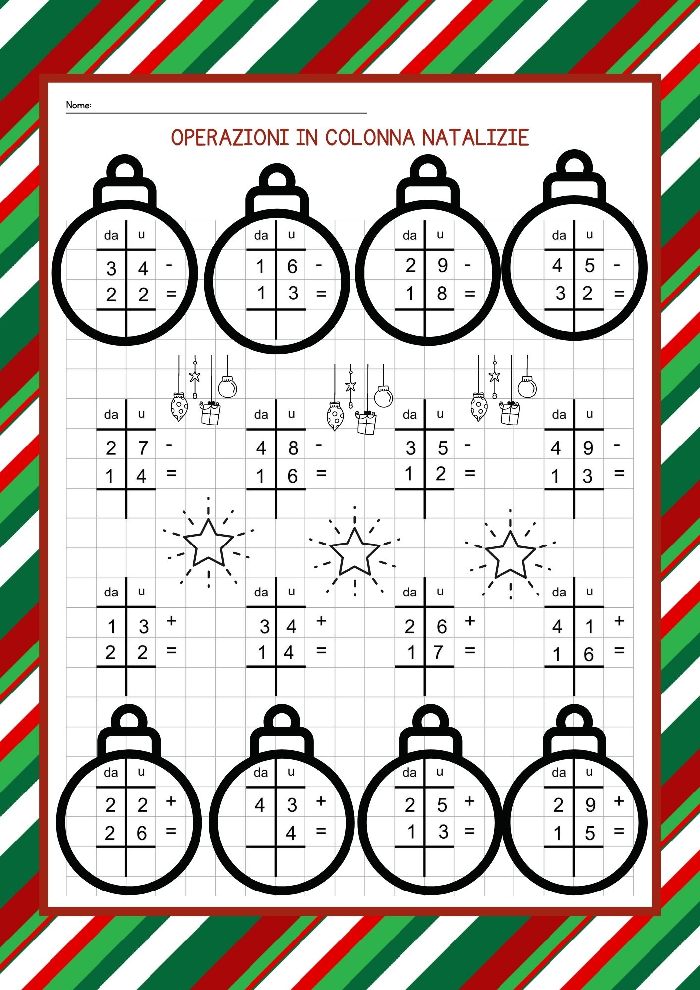 operazioni in colonna meta natale natalizie in colonna matematica classe seconda