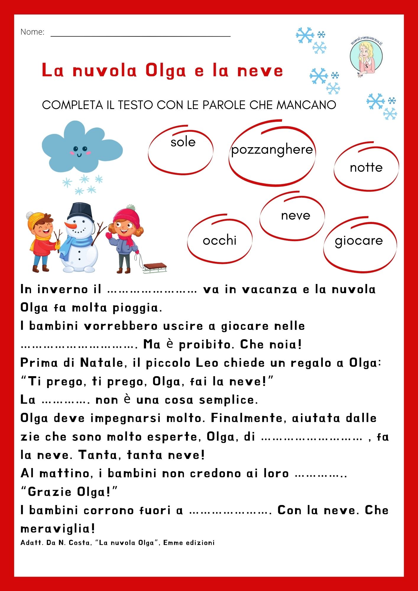 La nuvola Olga e la neve - classe II- scheda didattica
