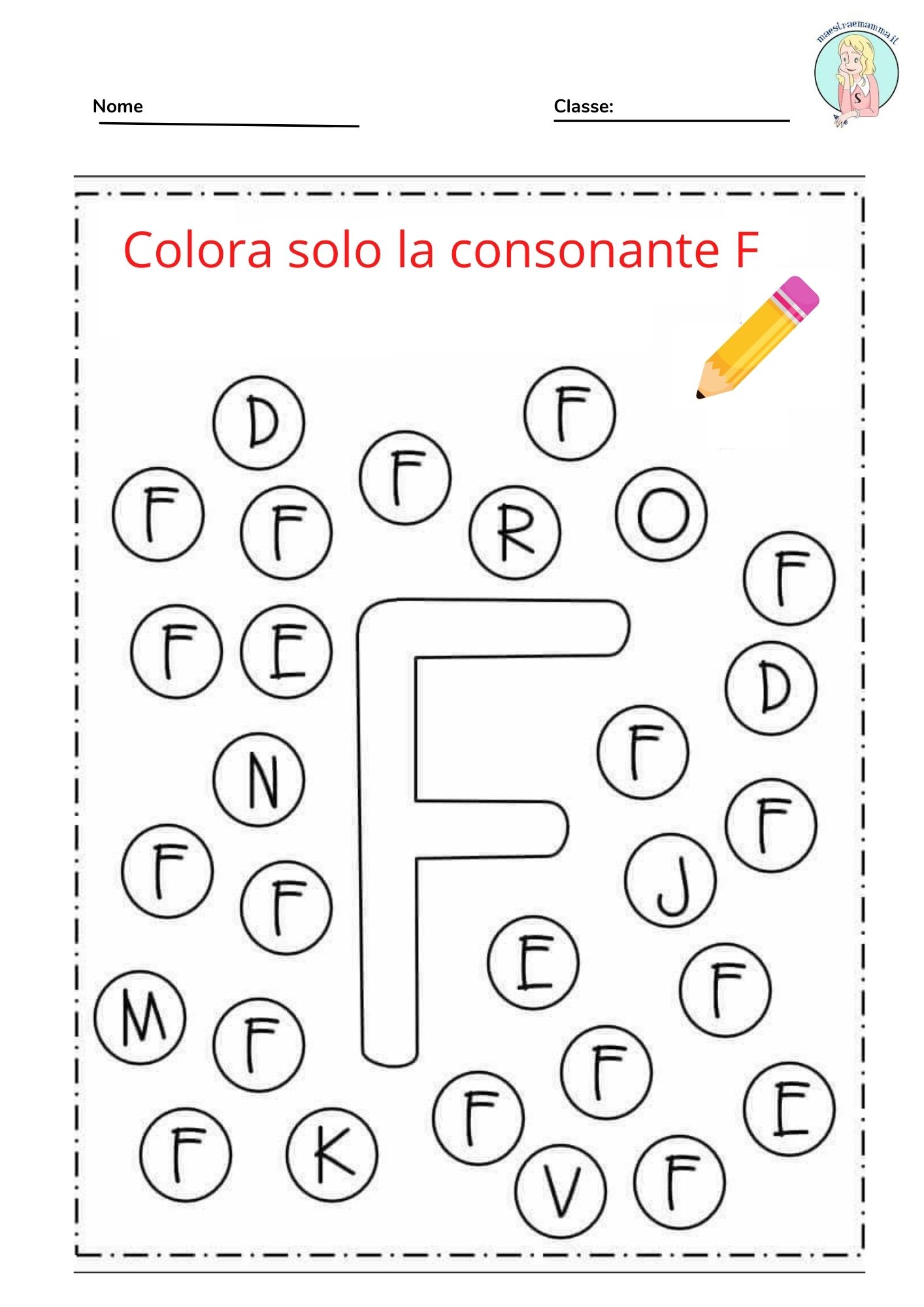 CERCHIA LA LETTERA CONSONANTE F SCUOLA PRIMARIA SCHEDA DIDATTICA CLASSE PRIMA
