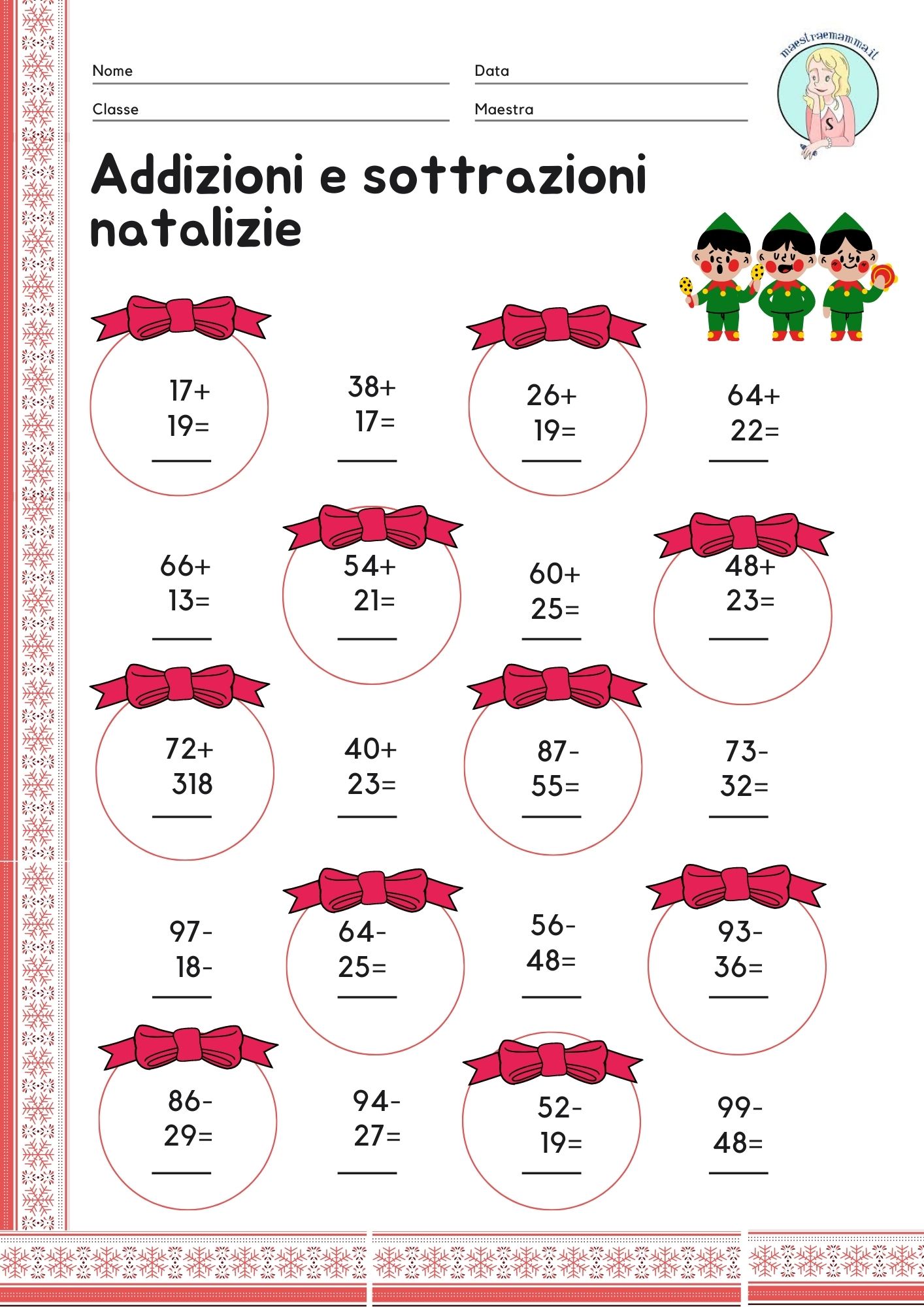 addizioni e sottrazioni operazioni in colonna classe seconda matematica divertente operazioni natalizie natale