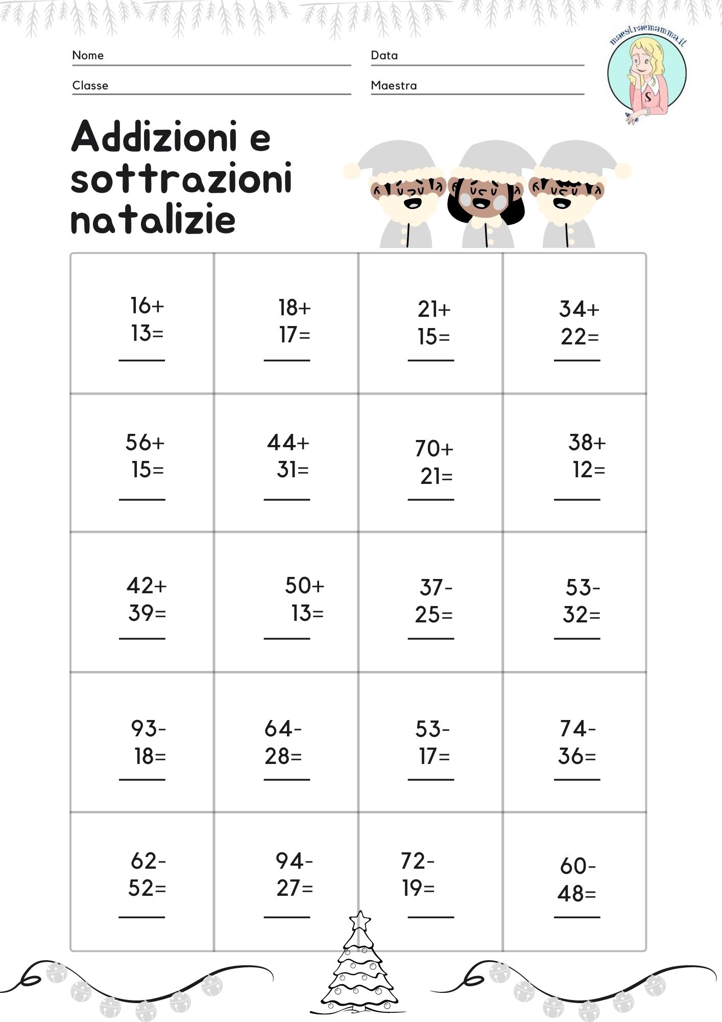 scheda di matematica classe seconda addizioni sottrazioni con prestito riporto in colonna tema natale natalizio matenatale