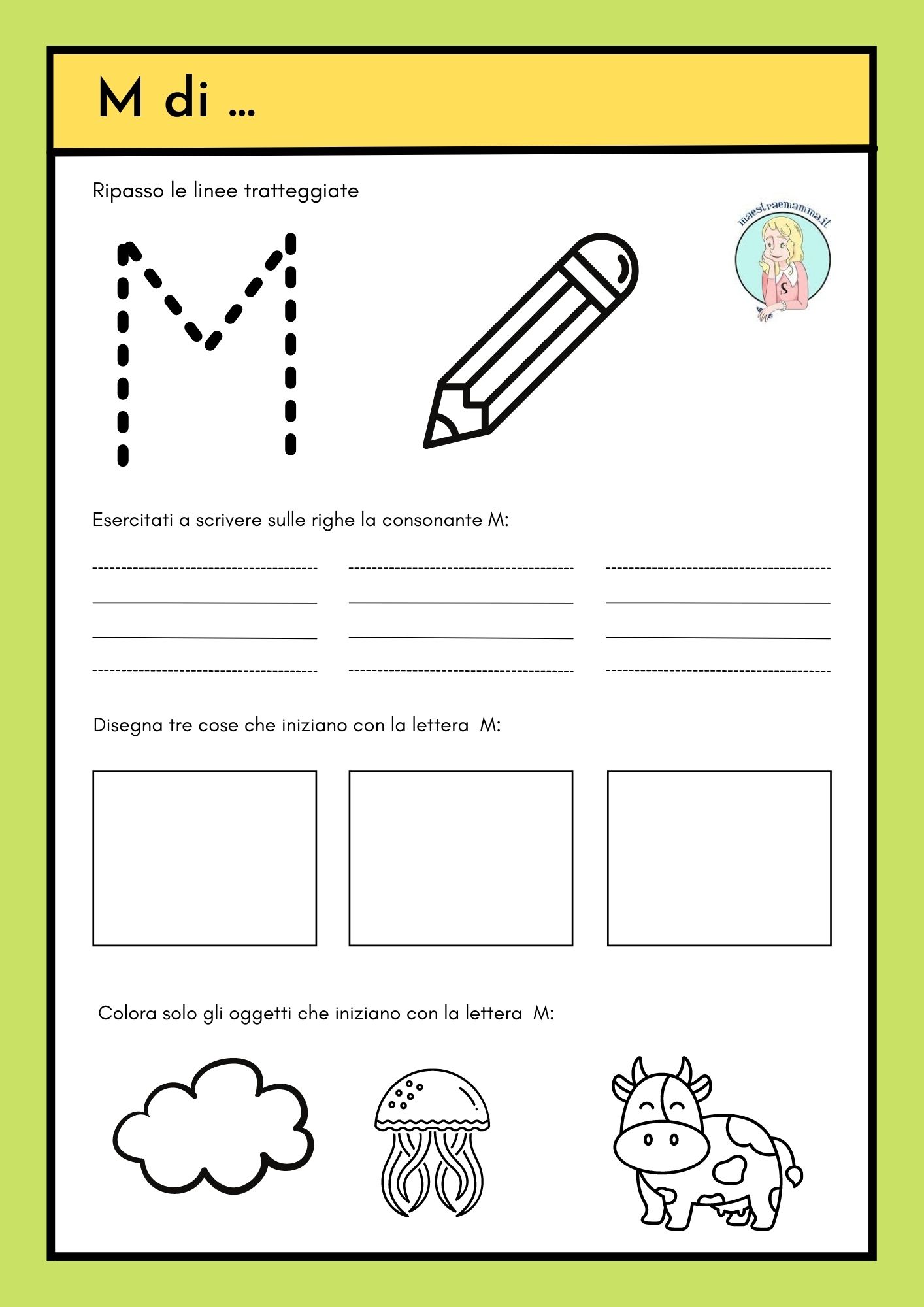 consonante lettera m ma me mi mo mu m di mela attività sul quaderno
