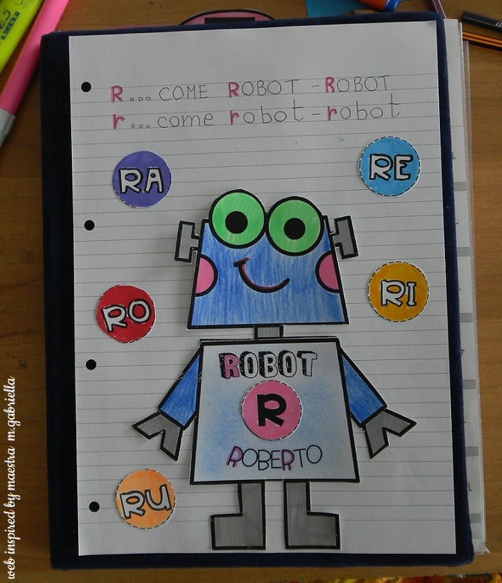 robot roberto ra re ri ro ru consonante lettera r robot lavoro maestra pilly pilly