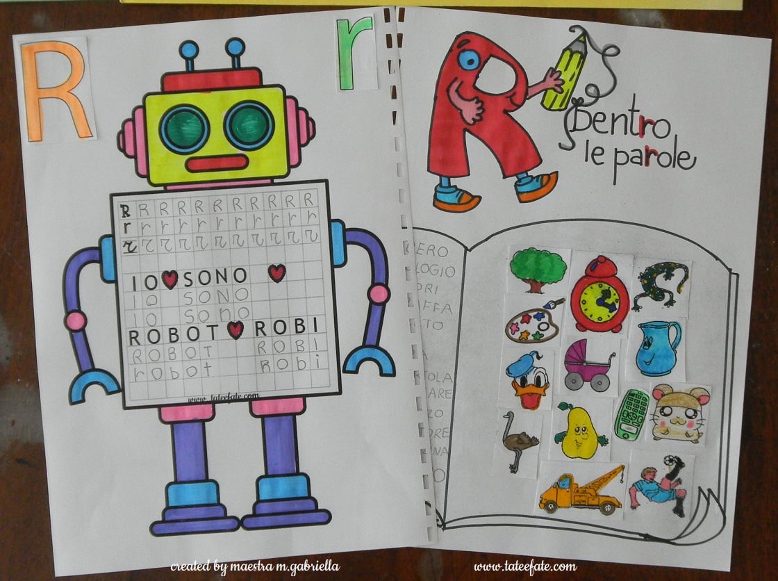 robot roberto ra re ri ro ru consonante lettera r robot lavoro maestra pilly pilly