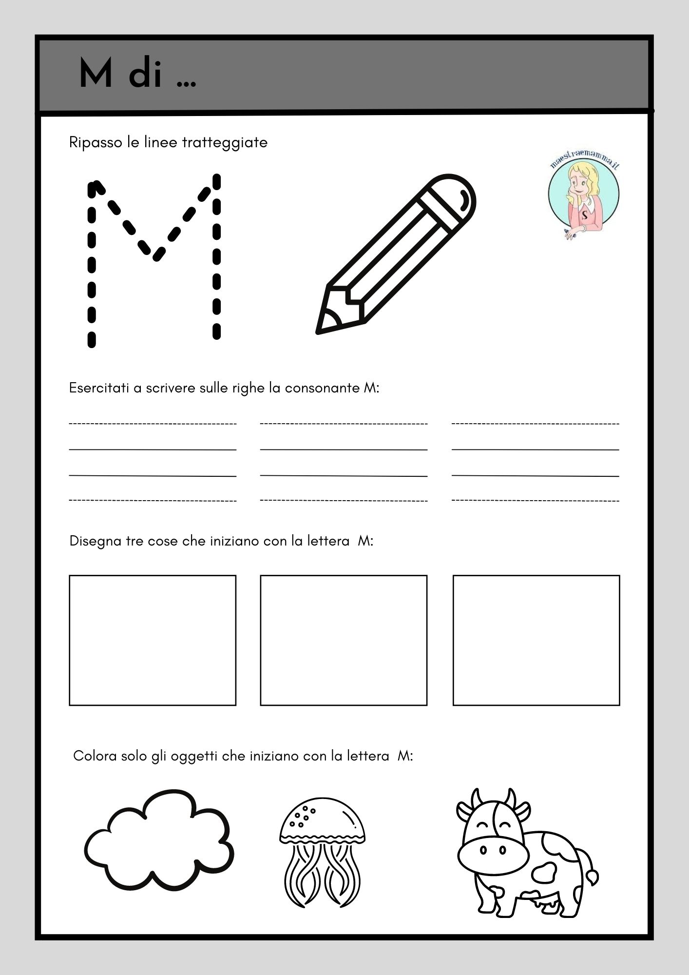 consonante lettera m ma me mi mo mu m di mela attività sul quaderno