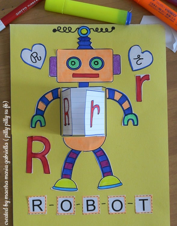 robot roberto ra re ri ro ru consonante lettera r robot lavoro maestra pilly pilly