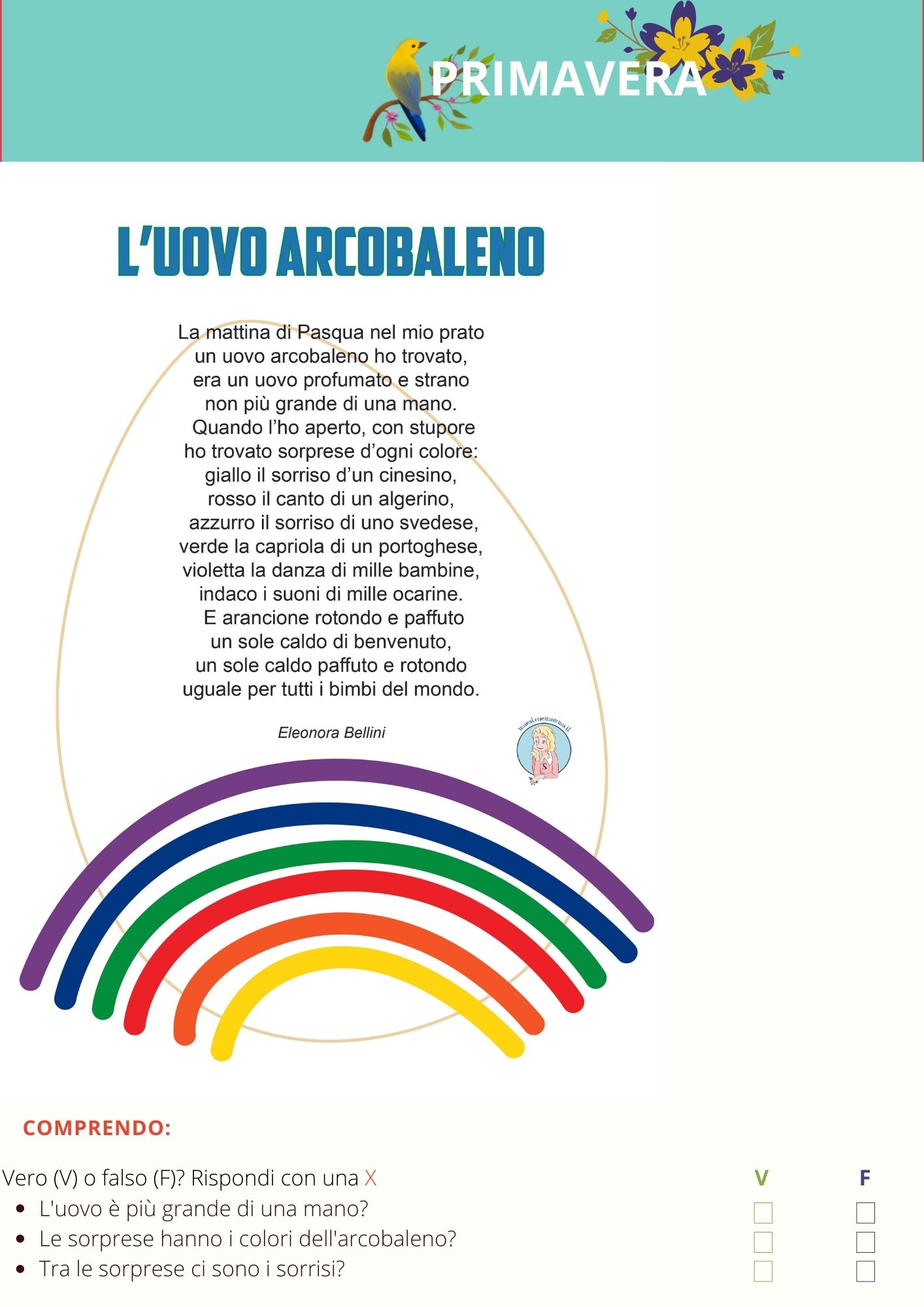 l uovo arcobaleno poesia con domande di comprensione classe seconda testo che parla di pasqua