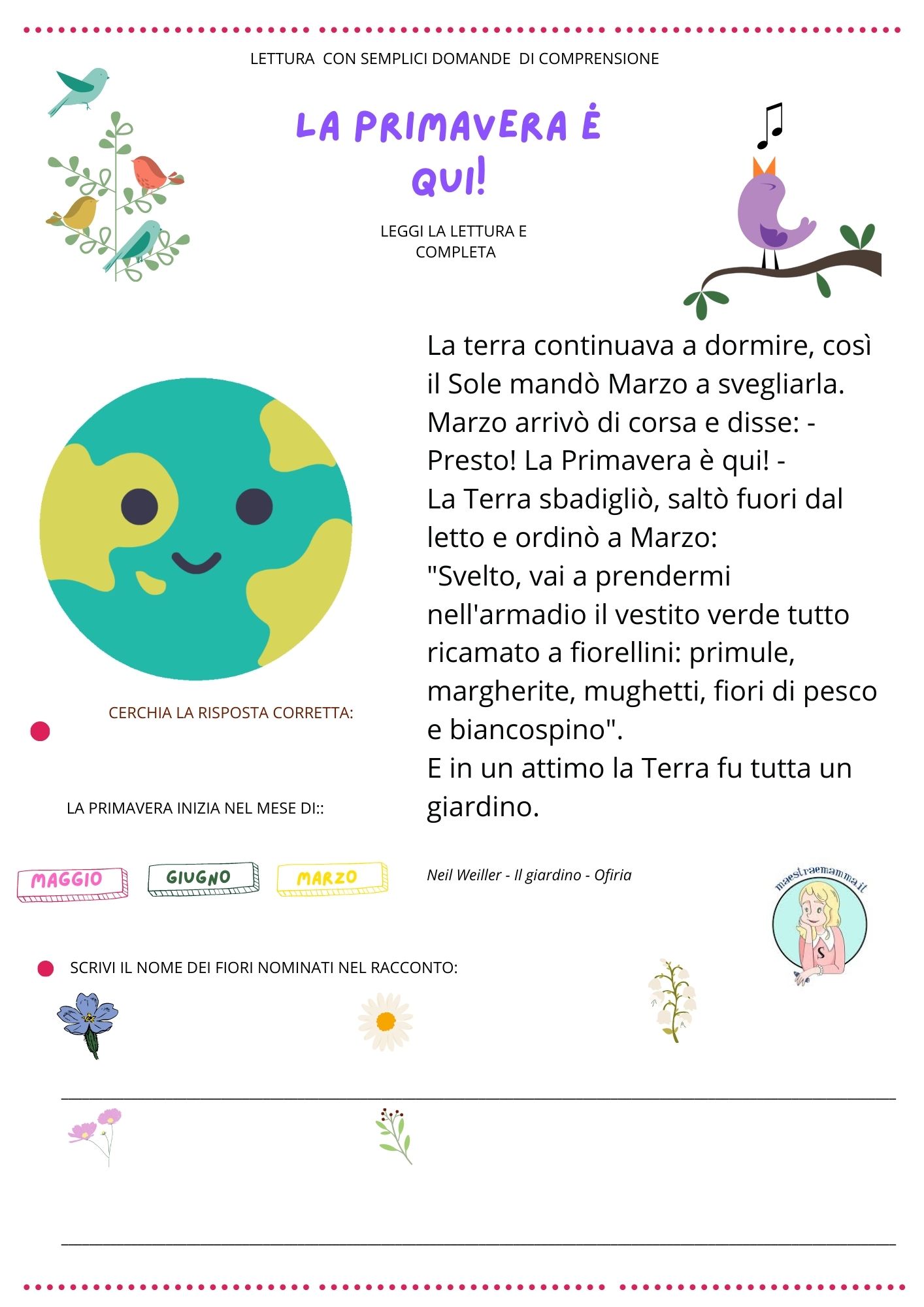 Testi sulla primavera con varie difficoltà per classi prime e seconde