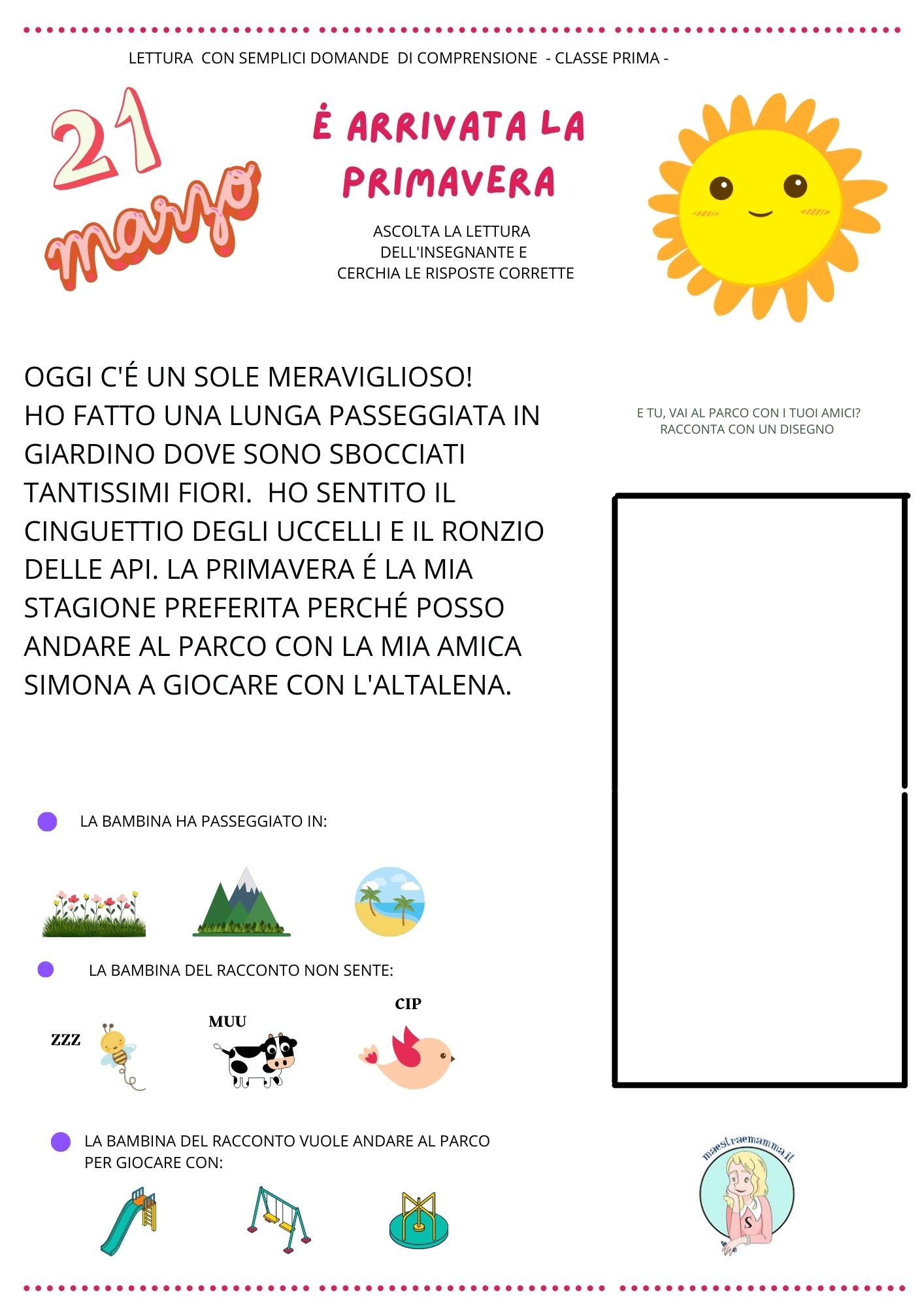 la primavera testo di comprensione con semplici domande per alunni di classe prima e seconda di scuola primaria