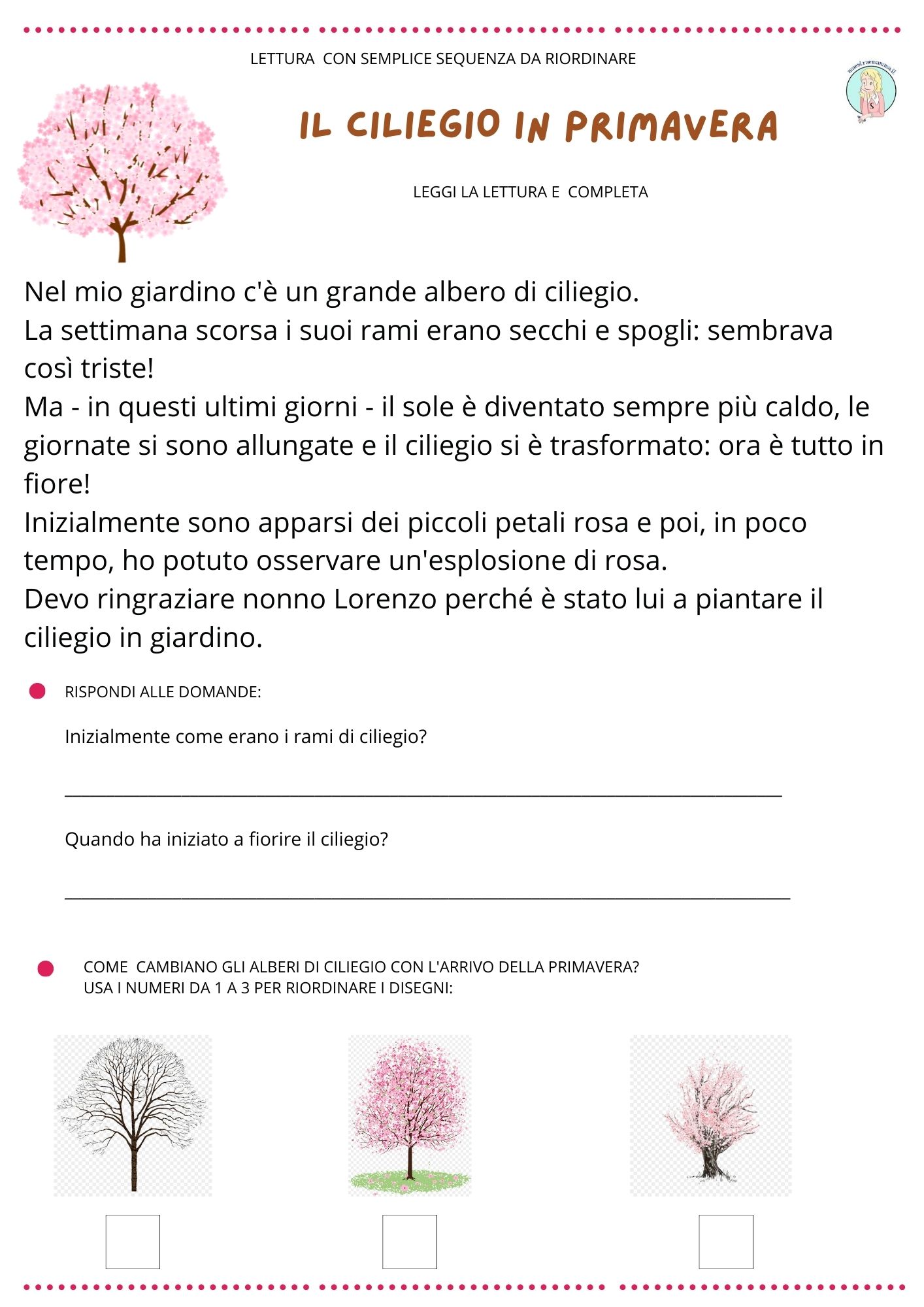 classe prima e seconda scuola primaria testi di comprensione scheda con sequenza da riordinare primavera