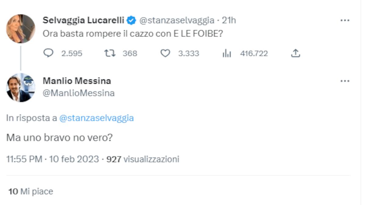 Selvaggia Lucarelli parla delle Foibe, Manlio Messina risponde: «Ma uno bravo no vero?» - 