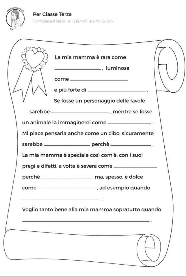 PDF da scaricare. Per la mia mamma - Completa il testo utilizzando le similitudini classe 1 e 2