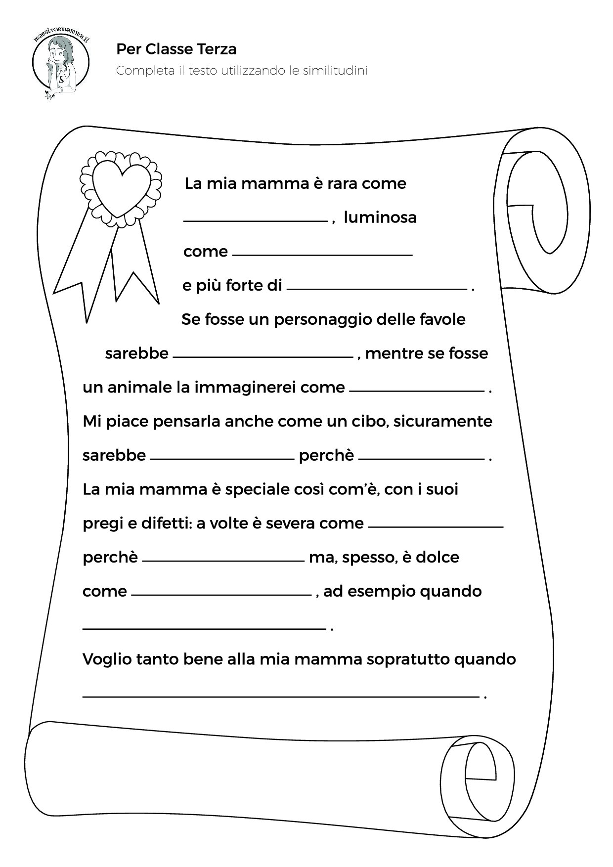 6. PDF da scaricare. Per la mia mamma - Completa il testo utilizzando le similitudini classe 3