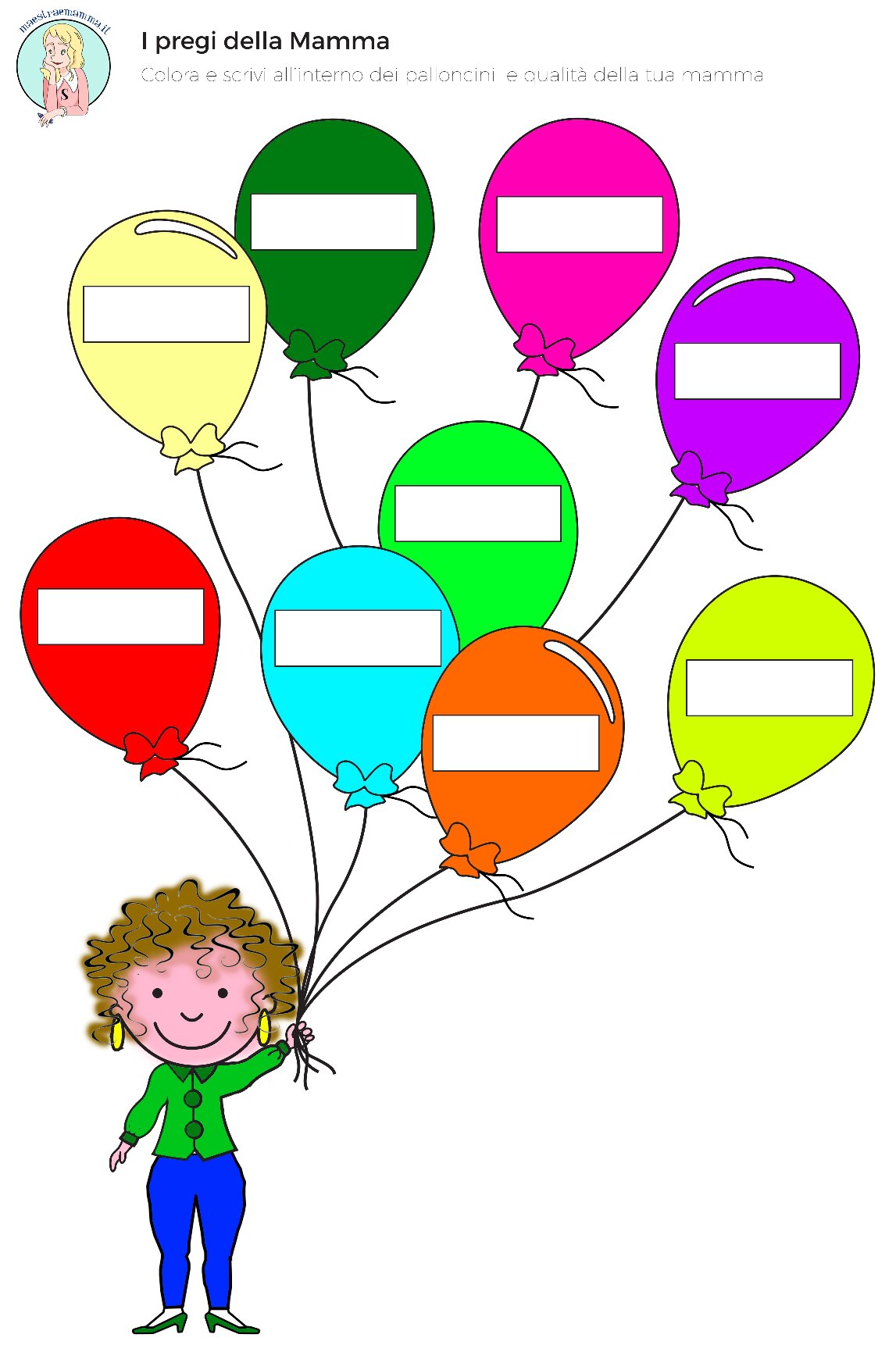 3. PDF a colori - I pregi della mamma. Scrivi all'interno dei palloncini la qualità della mamma