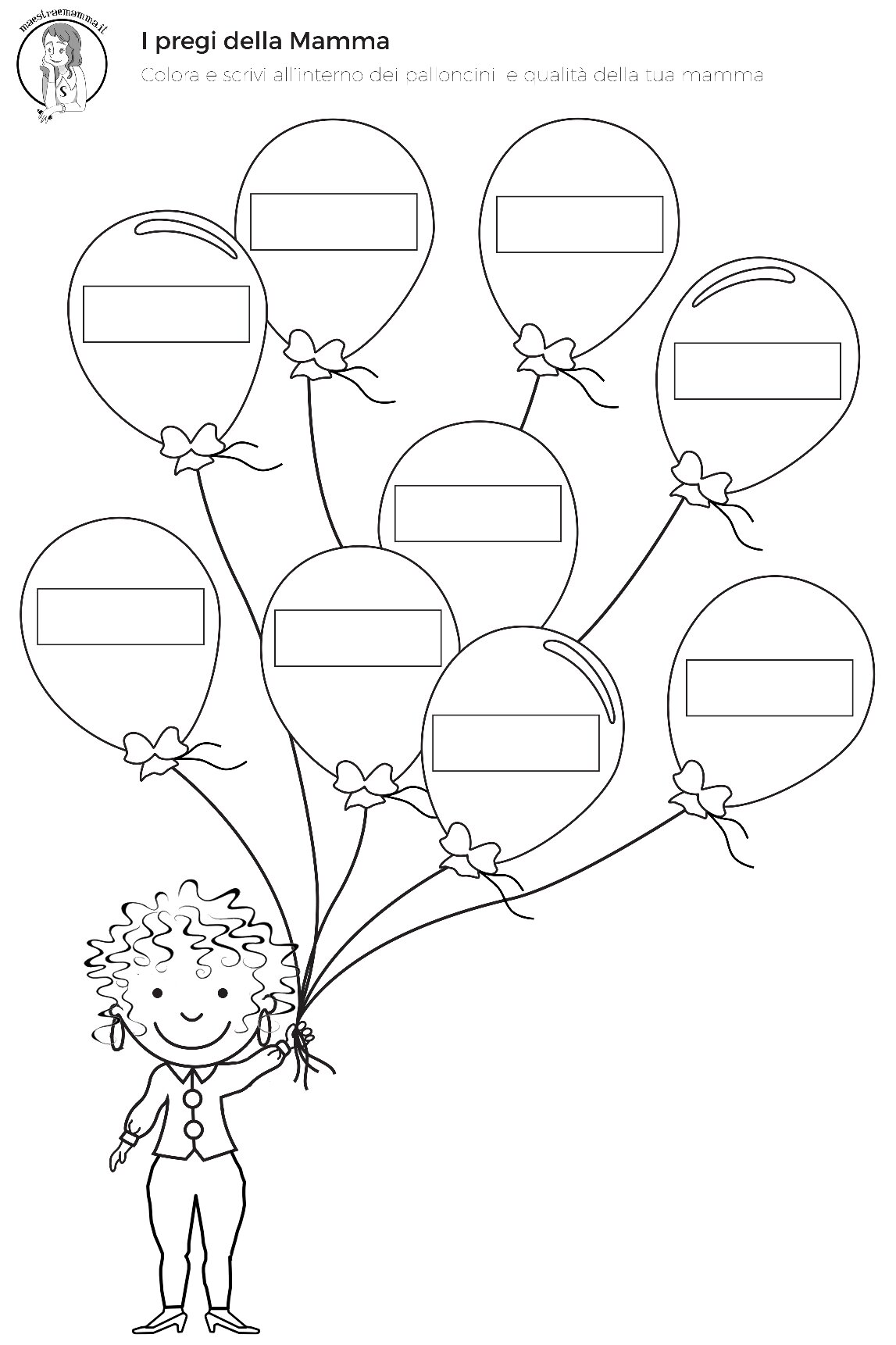 2. PDF EDITABILE in bianco e nero - I pregi della mamma. Scrivi all'interno dei palloncini la qualità della mamma
