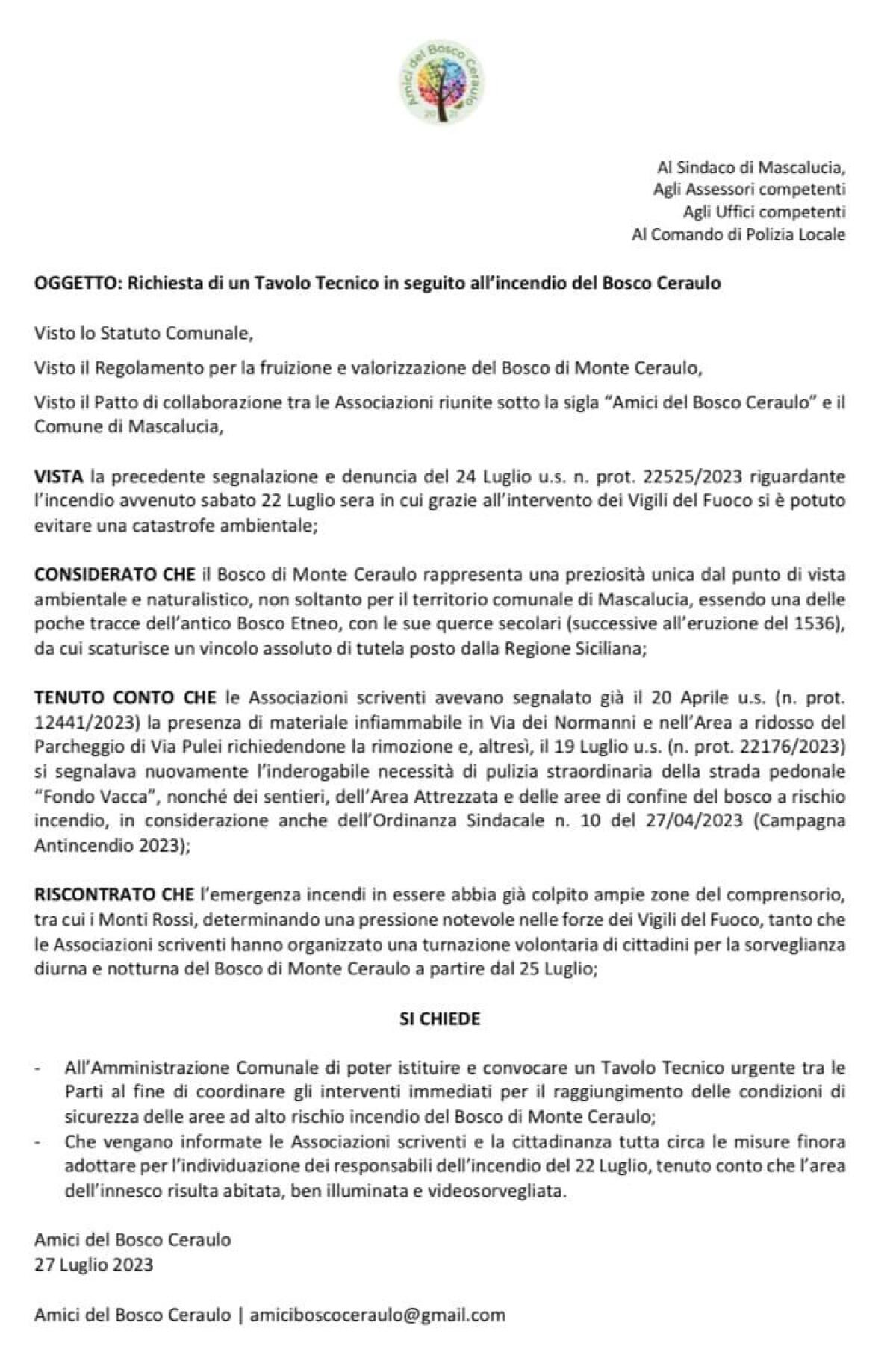 Allarme incendi a Mascalucia, gli Amici del Bosco Ceraulo richiedono urgente intervento delle autorità - 
