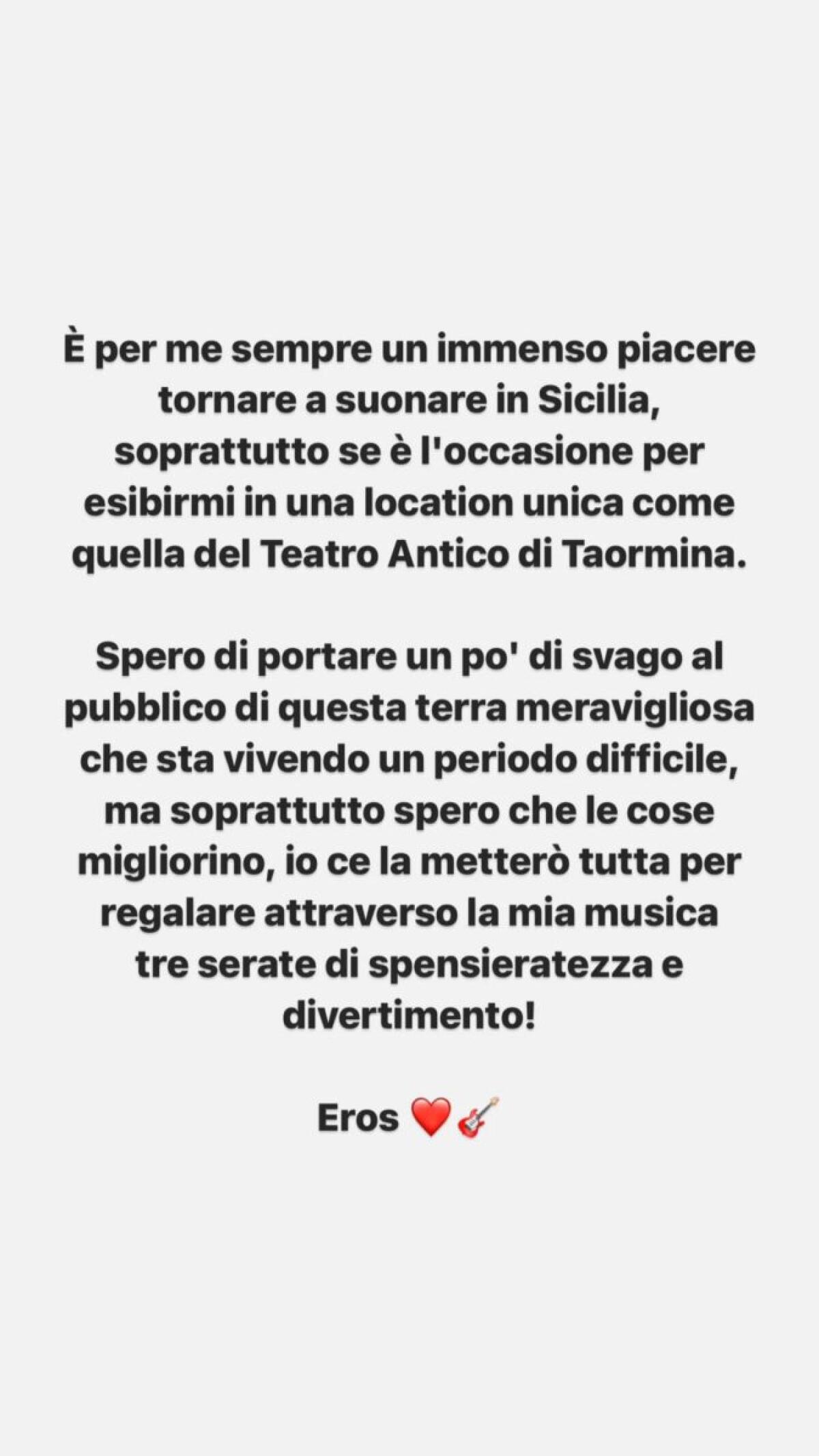 Eros Ramazzotti offre il suo contributo alla Sicilia, ecco in che modo - 