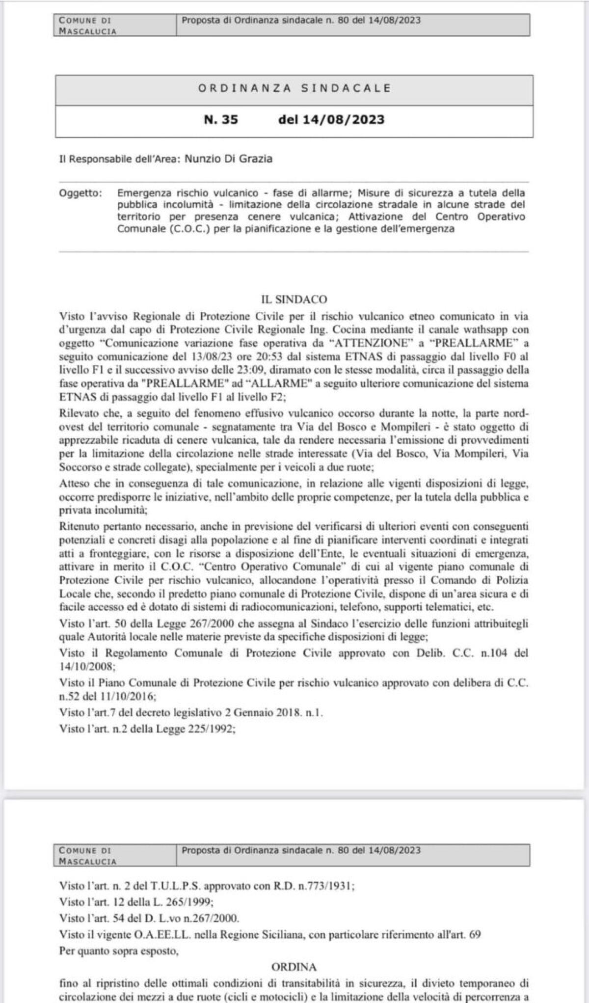 Emergenza cenere vulcanica, il Sindaco di Mascalucia emana ordinanza. Eccola in dettaglio - 