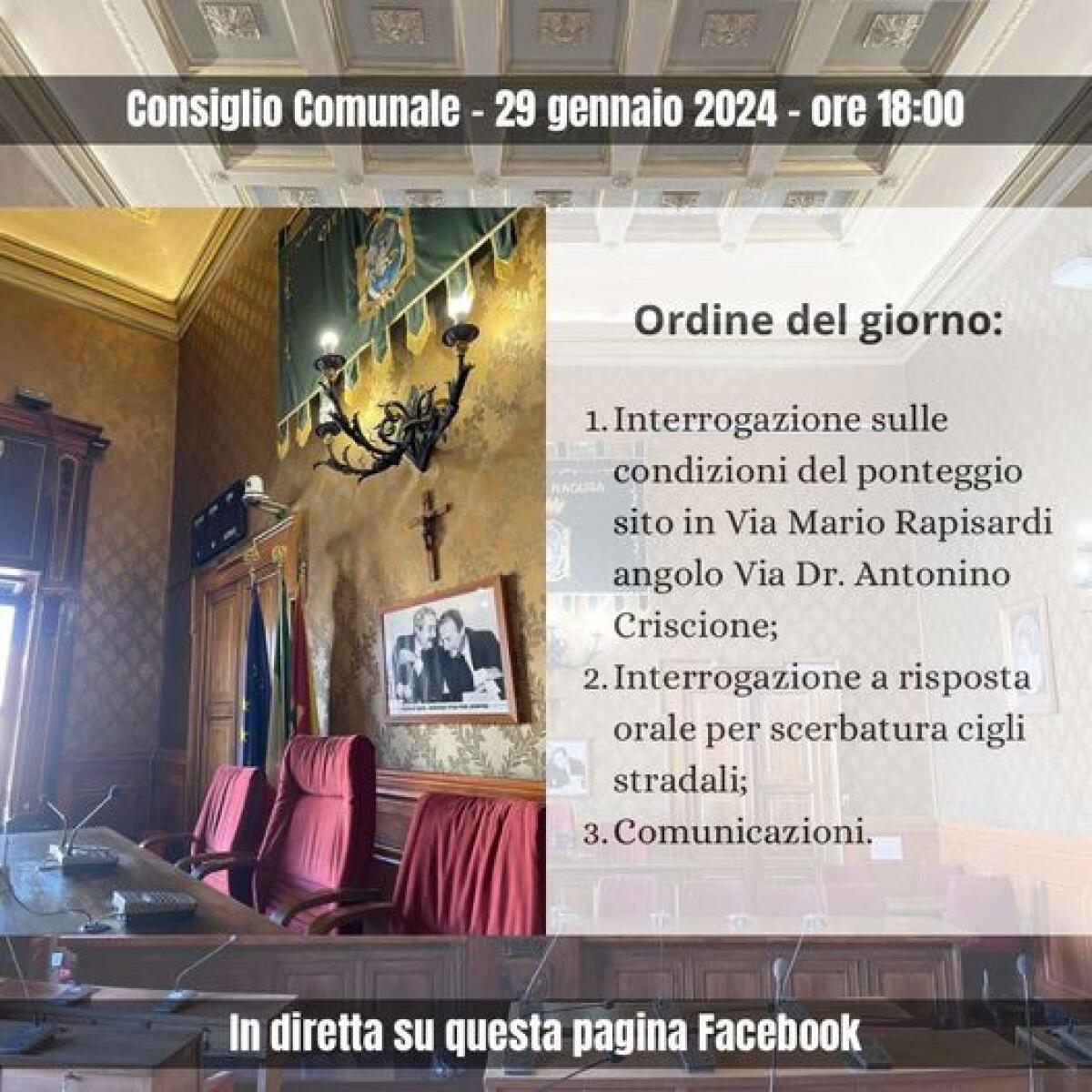 Consiglio comunale in diretta: seguilo sulla pagina Facebook del Comune di Ragusa - 