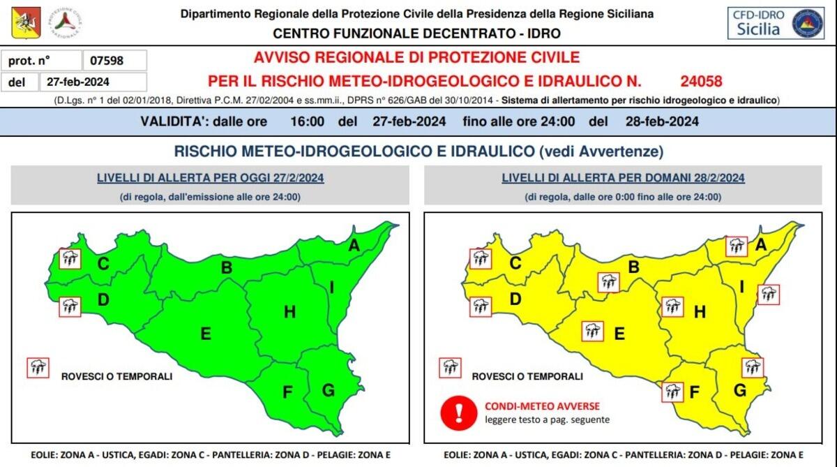Allerta meteo, nuovo bollettino della Protezione Civile Sicilia - 