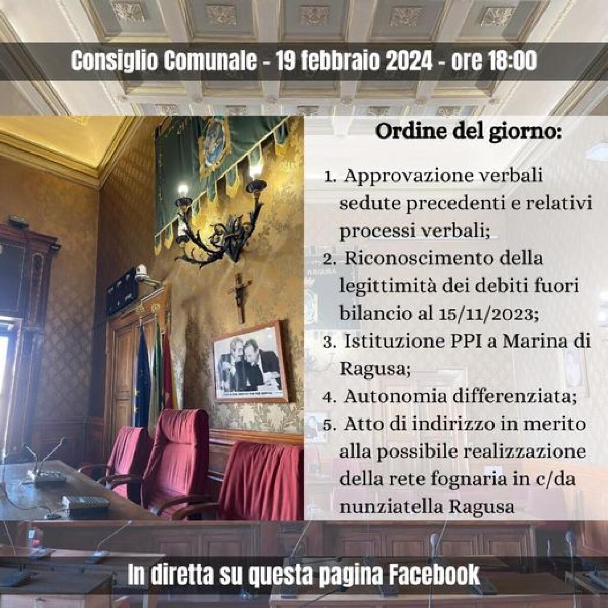 Trasmissione in streaming dell'ordine del giorno del Consiglio comunale su Facebook - 