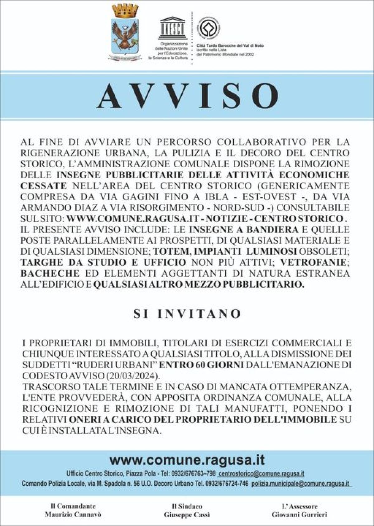Comunicato stampa: Rimozione insegne pubblicitarie centro storico Ragusa - 