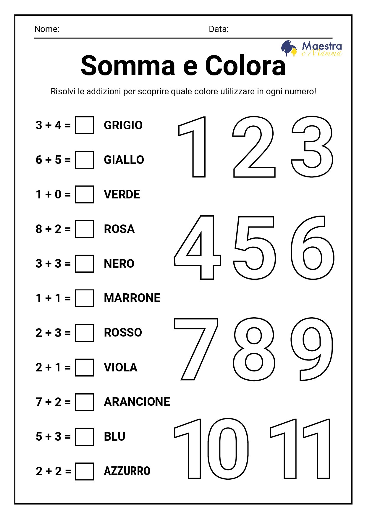 Scheda didattica matematica classe prima addizioni [69 KB]