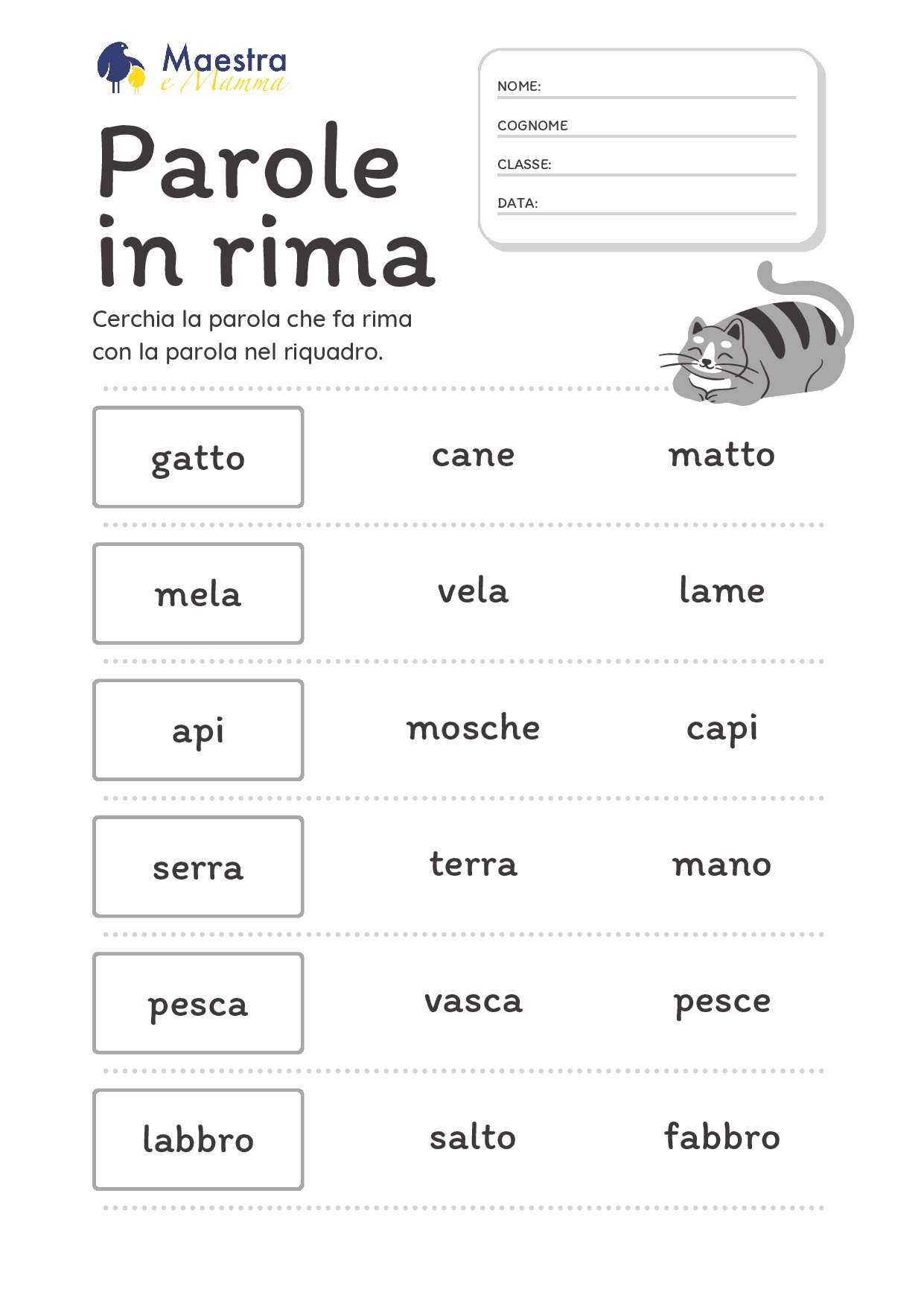 Schede di italiano classe prima parole in rima [292 KB]